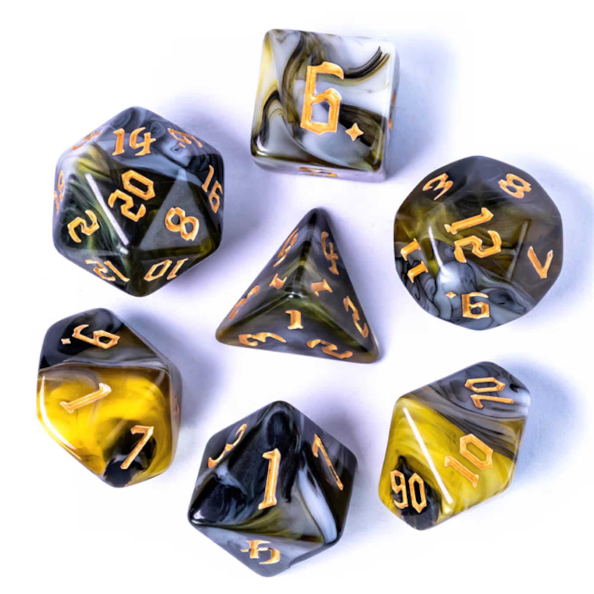 Golden Eclipse Dice Set – Marbled Yellow-Black Polyhedral RPG Dice with Gold Numbers for Epic Tabletop Quests