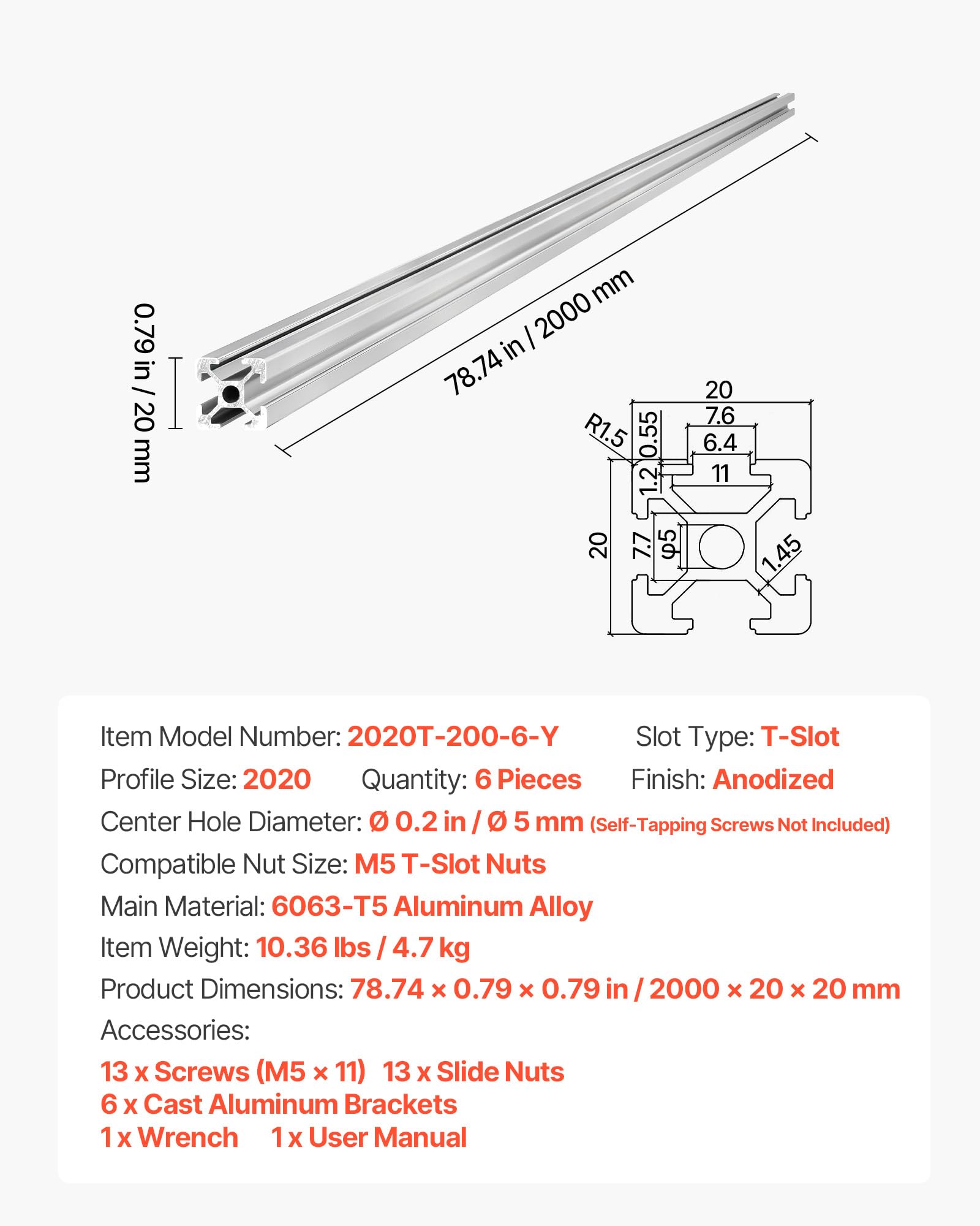 VEVOR Profil aluminiowy 2020, 6 sztuk, anodowany profil aluminiowy, 2000 mm, europejski standardowy rowek w kształcie litery T, do podwozia do drukarki 3D, maszyn CNC, mebli, stołu warsztatowego