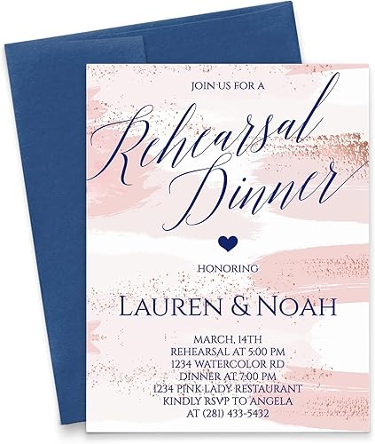 Elegante invitación de cena de ensayo personalizada, acuarela rosa oro rosa, su elección de cantidad y color de sobre