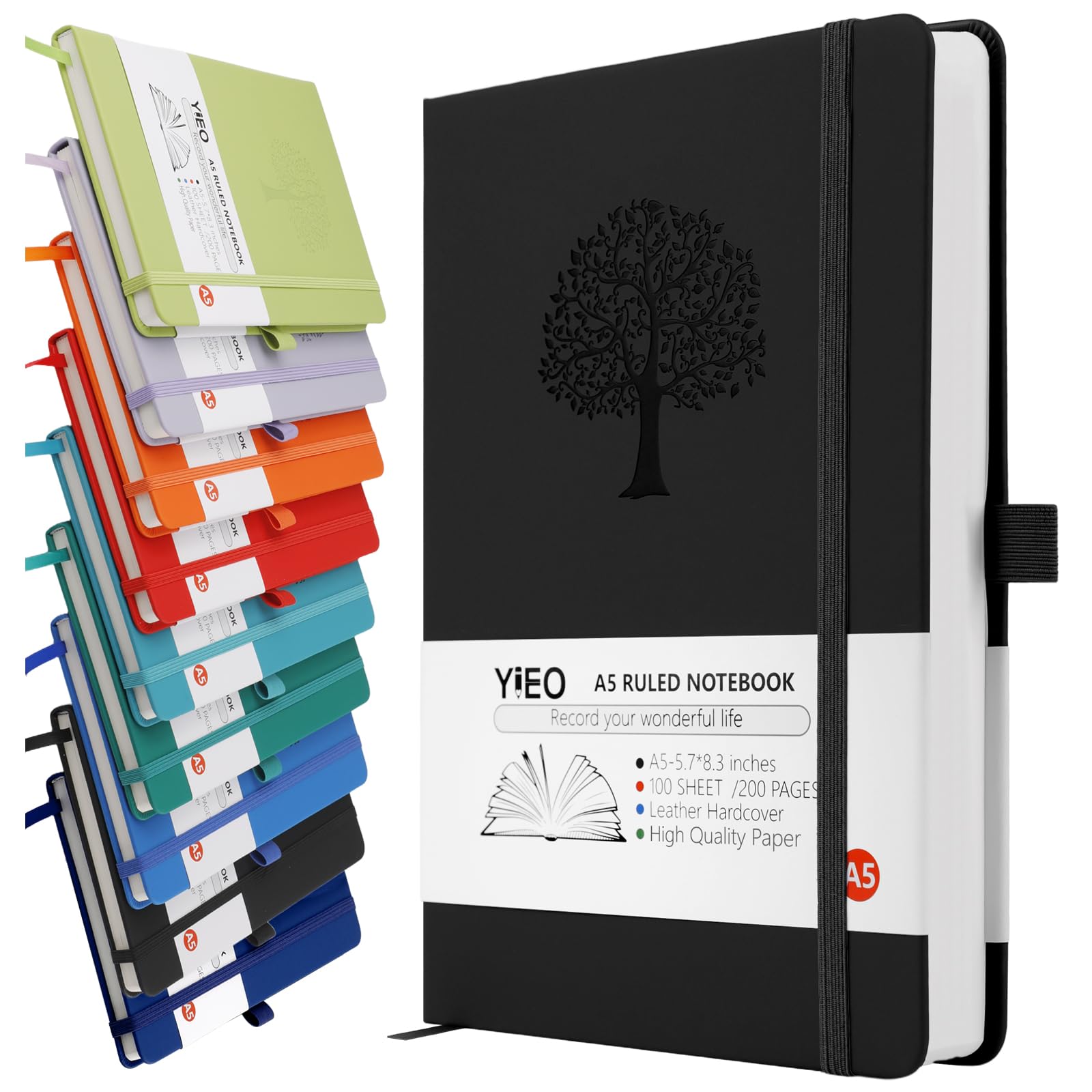 A5 Journal Notebook, 200 Pages Leather Notebook Journal for Men/Women, Hardback Note Book with 80GSM Lined Paper, No Bleed for Writing, Notepad for Office School Supplies, Black