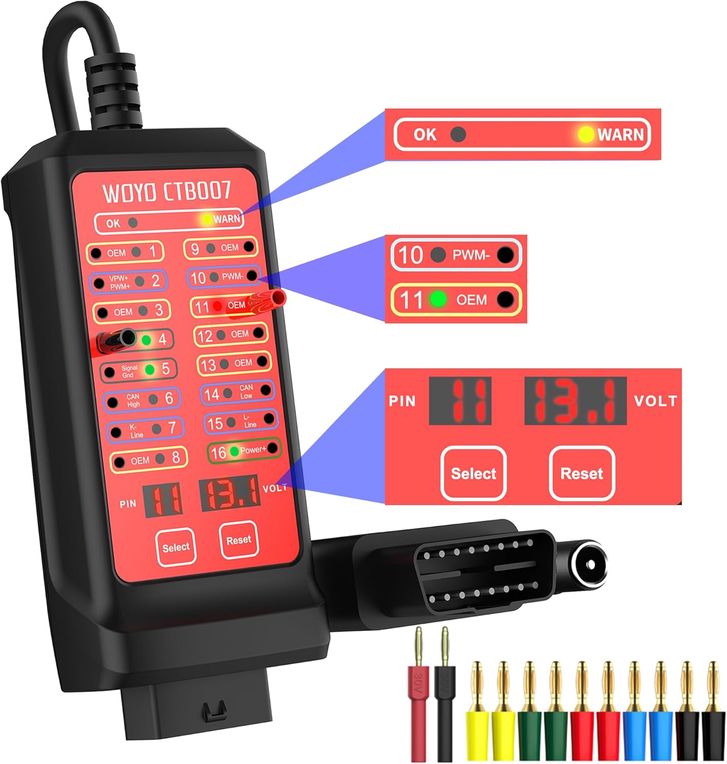 WOYO CTB007 showing digital voltage display and LED indicators