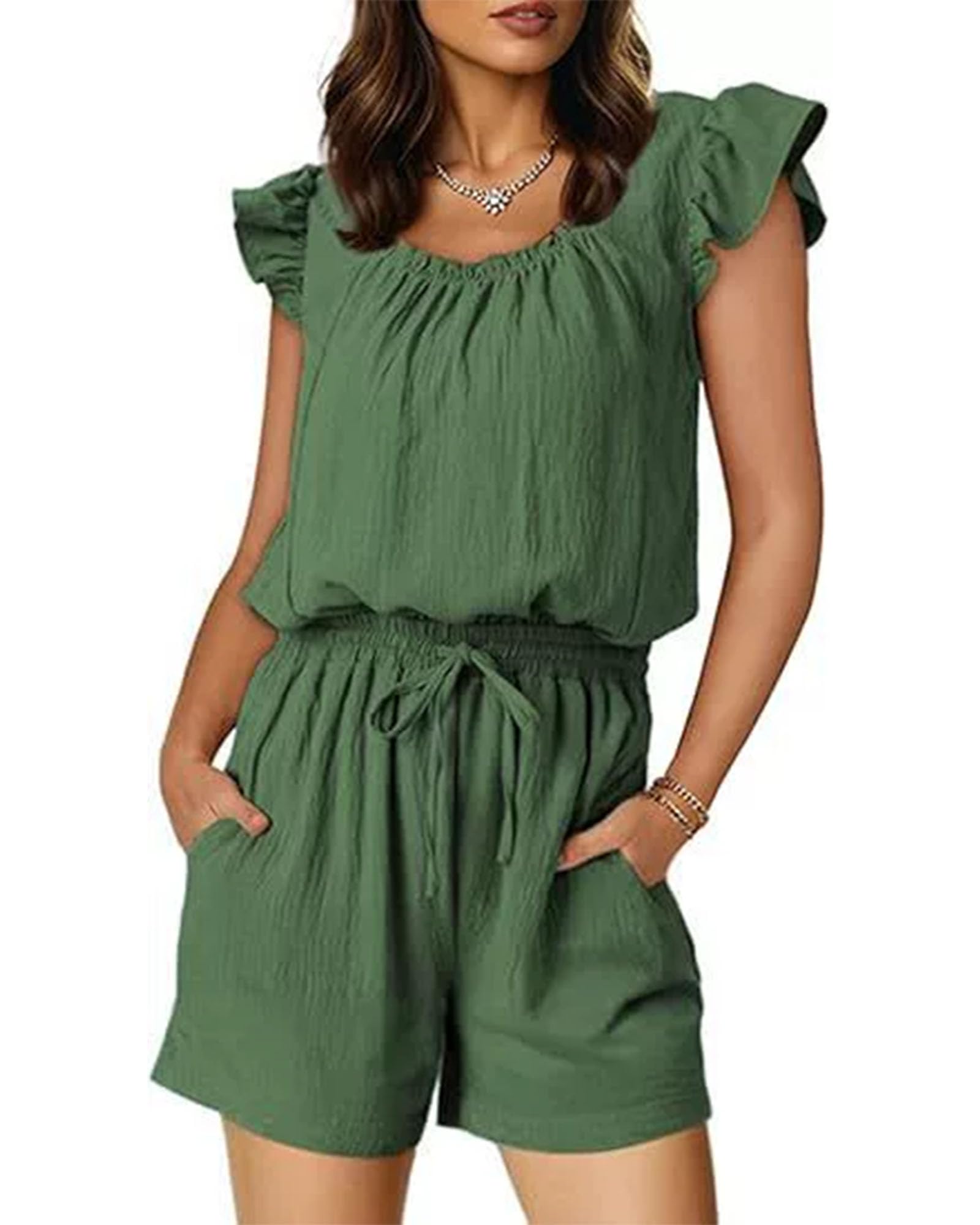 Combinaison Ete Femme Casual Combishort Femme Encolure Carrée et Manches Papillon Salopette Casual Jumpsuit avec Cordon de Serrage et Poches