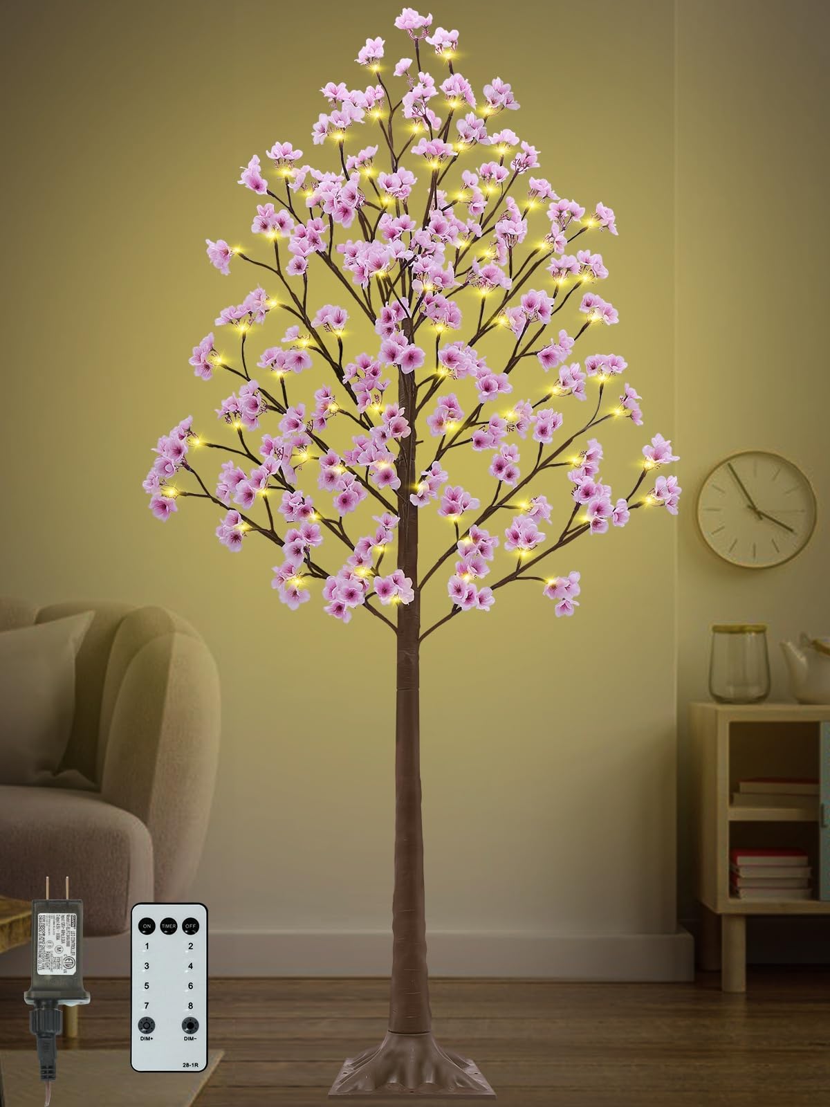 6FT Cherry Blossom Tree with 112 LED Lights, 336 Lush Pink Flowers, Artificial Lighted Cherry Blossom Tree with Remote 8 Modes, Timer for Spring