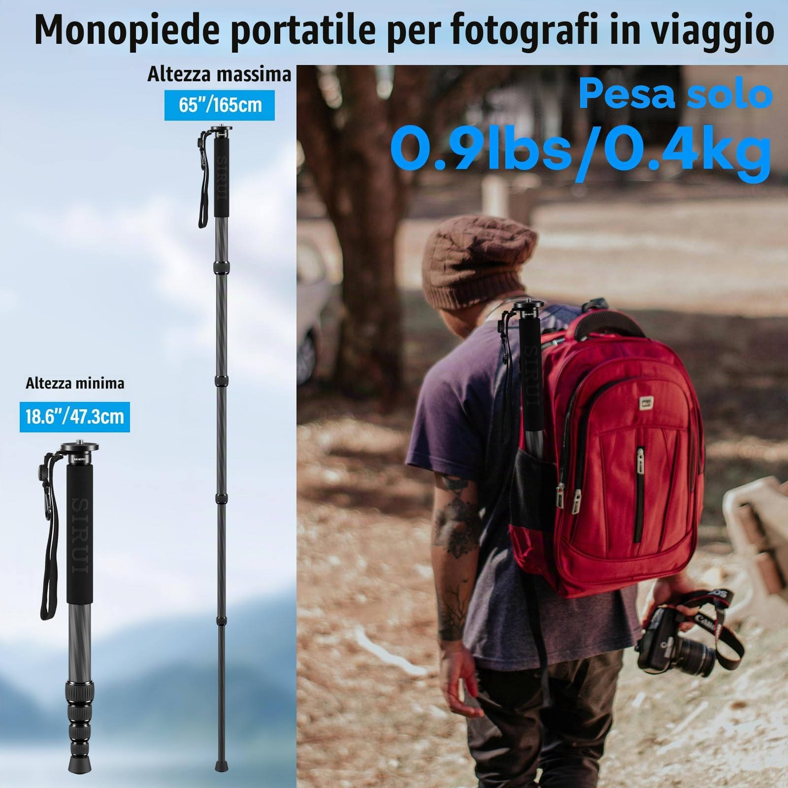 SIRUI Monopiede in fibra di carbonio per fotocamere, monopiede da viaggio compatto e leggero da 65 pollici, 5 sezioni, supporto per telefono incluso, carico fino a 22 libbre/10 kg, AM-MDP01