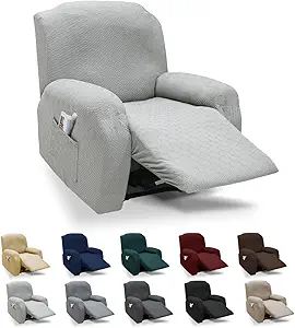 XINEAGE 4-Piece Recliner Cover Stretch Jacquard Slipcover with Pocket, Washable Recliner Chair Protector for Kids, Pets, Dogs, Cats (Silver Grey)