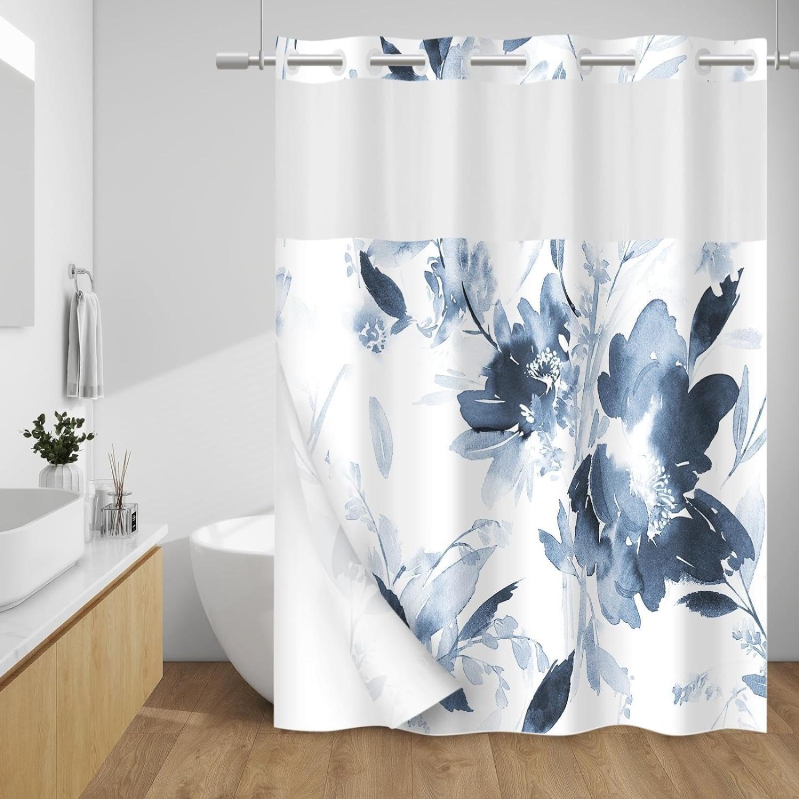 Yusuzhu Shower Curtain No Hook Fabric Waterproof Inner Liner, Plants Watercolor Green Eucalyptus Leaves Farmhouse Cloth Shower 92X182cm/36X72in