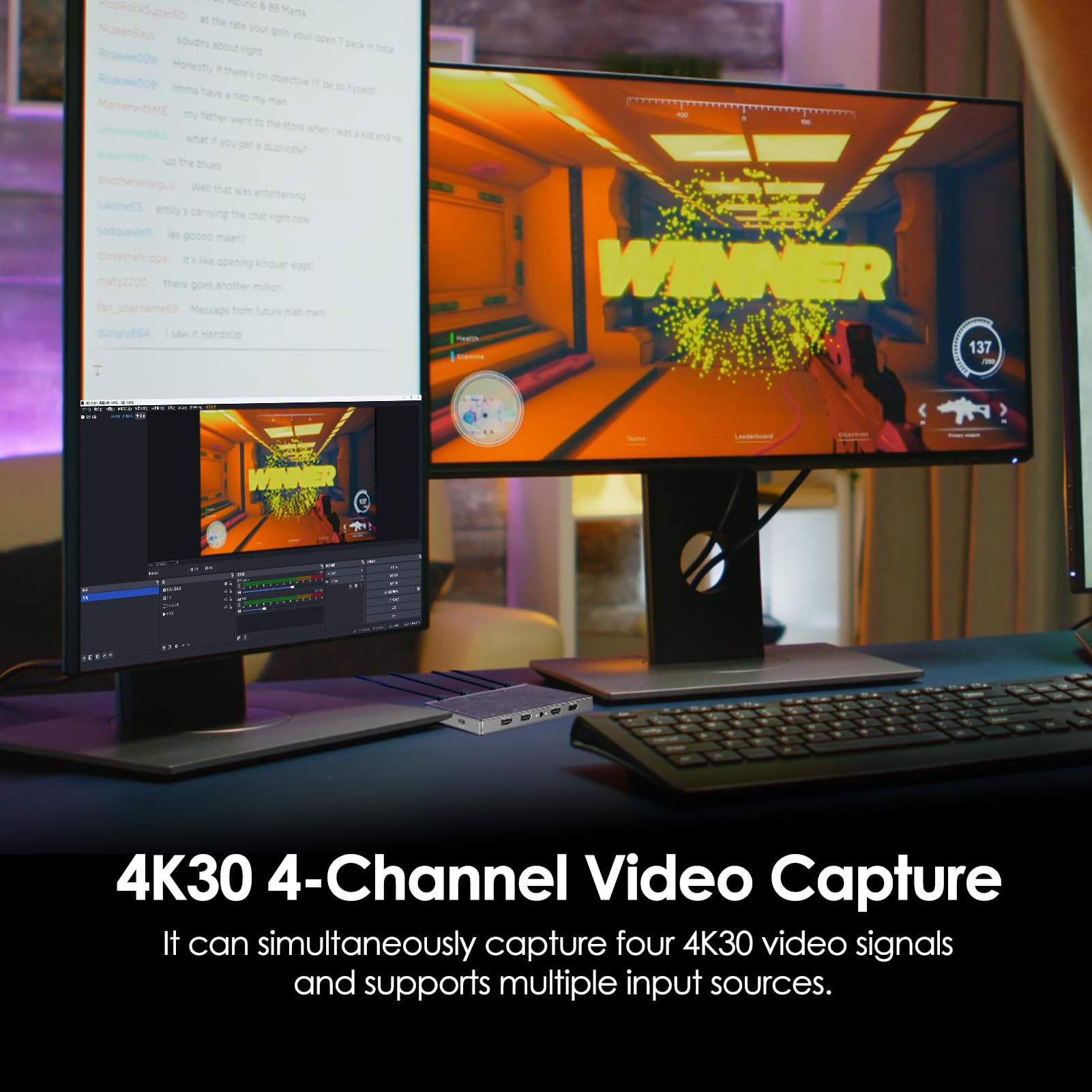 CineTreak CT-4 4K Video Capture Card - 4 HDMI-Eingänge, UVC Plug-and-Play, gleichzeitige 4-K-Aufnahme, 10 Gbit/s USB 3.2, Pro Audio-Eingang, 100 W PD Laden, für Streaming, Gaming, Videoproduktion
