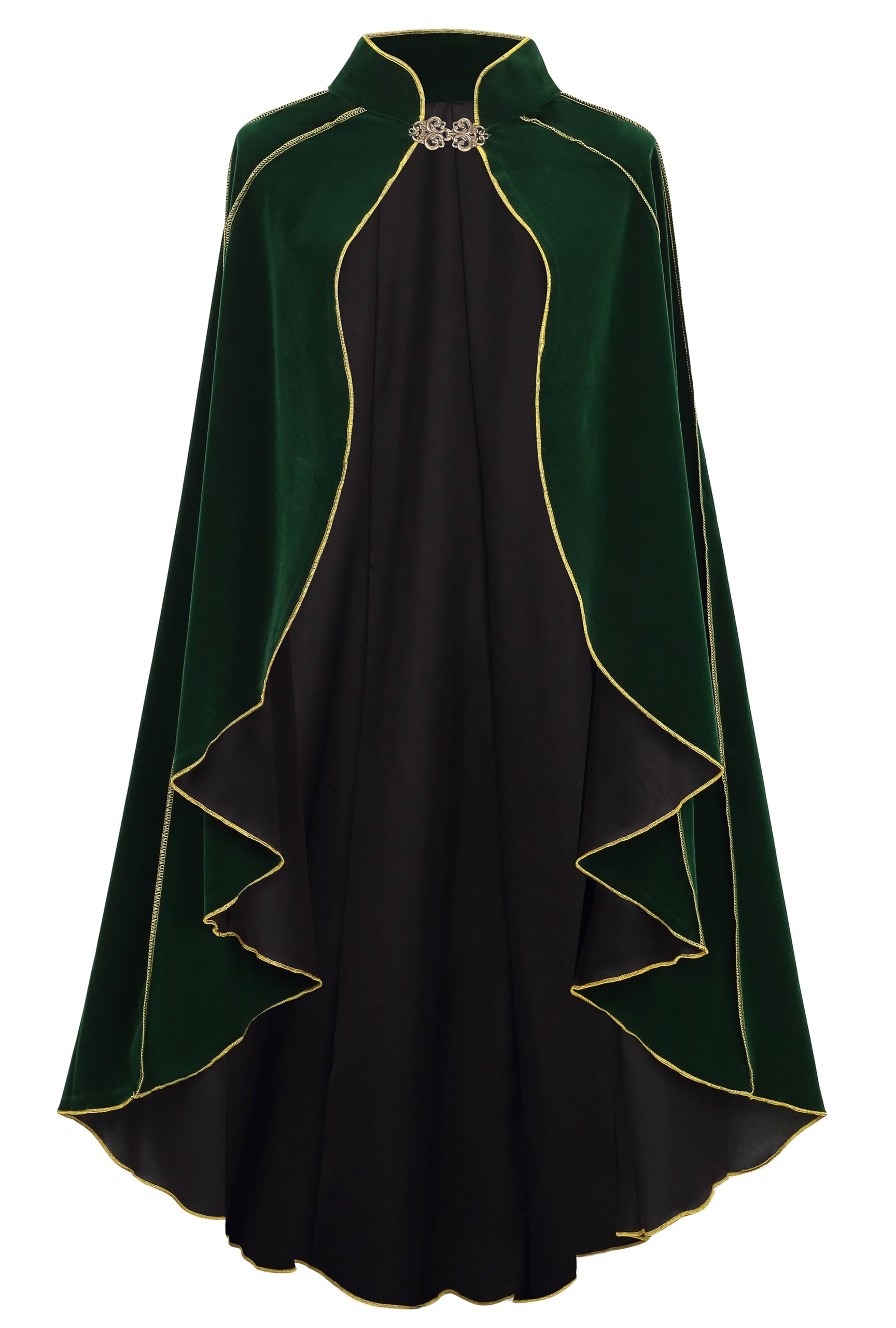 DELIVESS Women's Medieval Renaissance Velvet Cape Stand Collar Gold Trim Cloak for Adults, Halloween Cosplay LARP Party Festival Costume(43.31", Green) — image 1