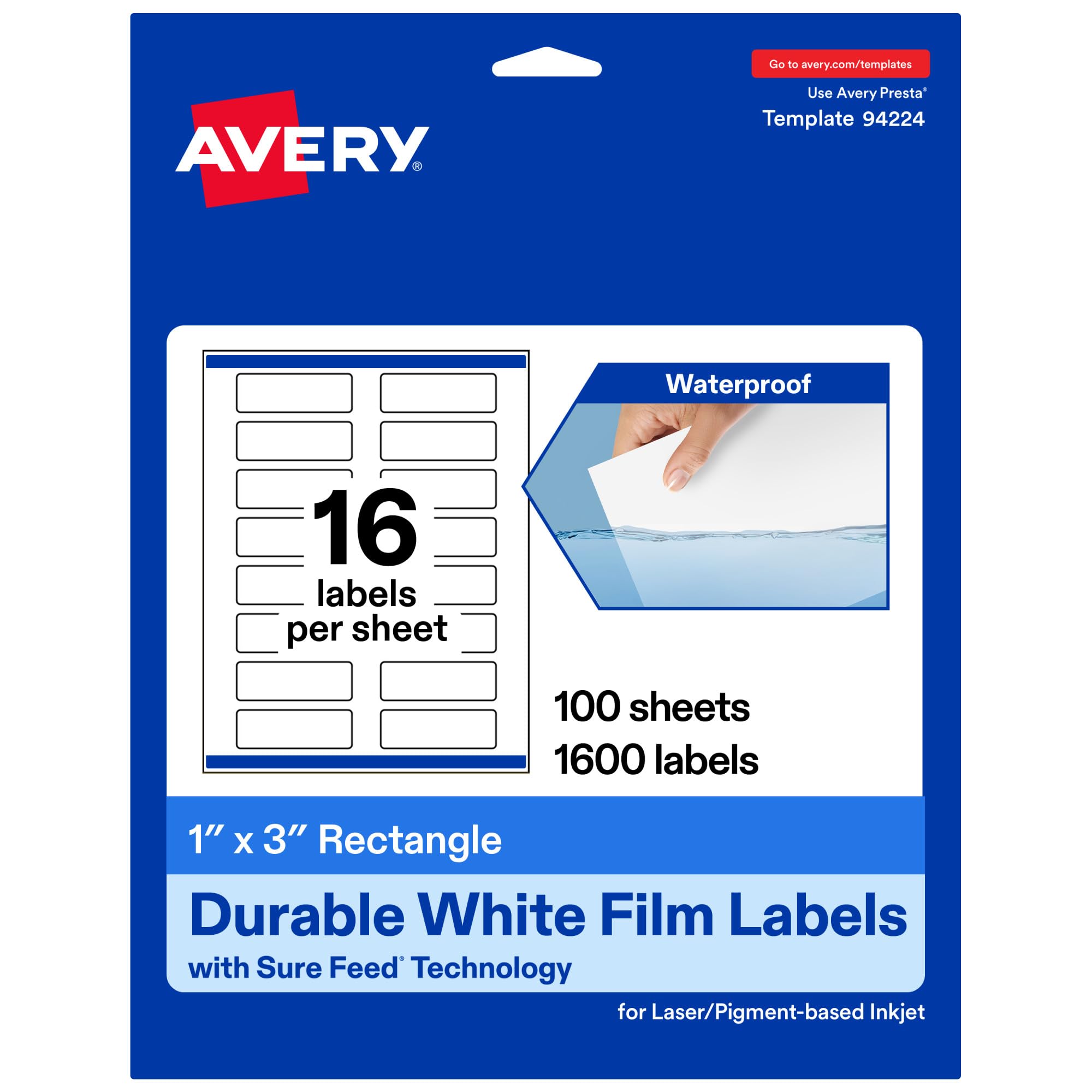 Avery Etiquetas rectangulares impermeables duraderas con alimentación segura, 1 x 3 pulgadas, 1.600 etiquetas impermeables resistentes al aceite y al desgarro, etiquetas imprimibles por inyección de