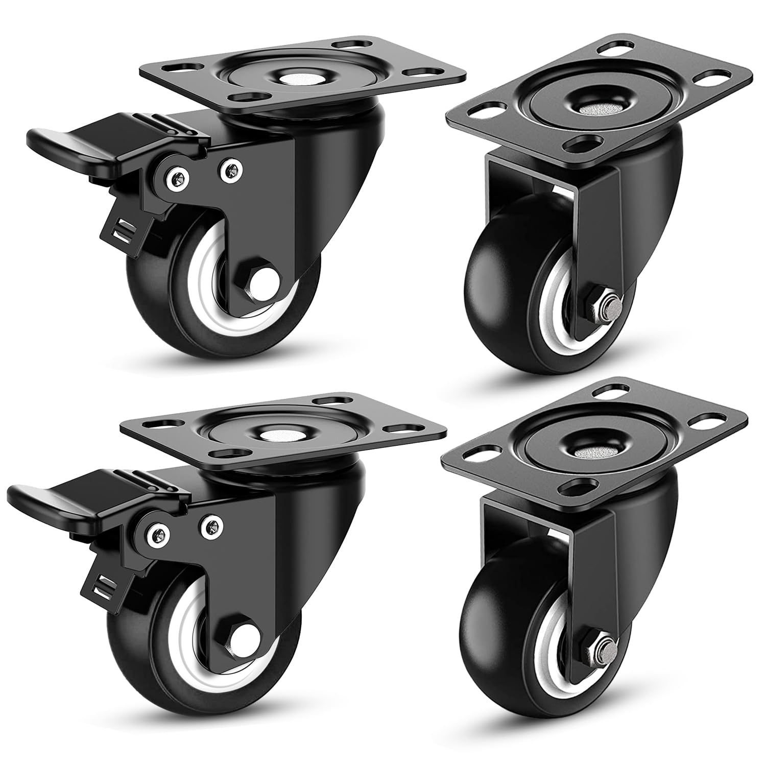 1.5-Inch Heavy-Duty PU Rubber Caster Wheels – Swivel with 360° Rotation, 2 with Brakes & 2 Without Brakes, Pack of 4, Black – Ideal for Furniture, Trolleys, Wheelchairs, Beds (Mild Steel Plate)