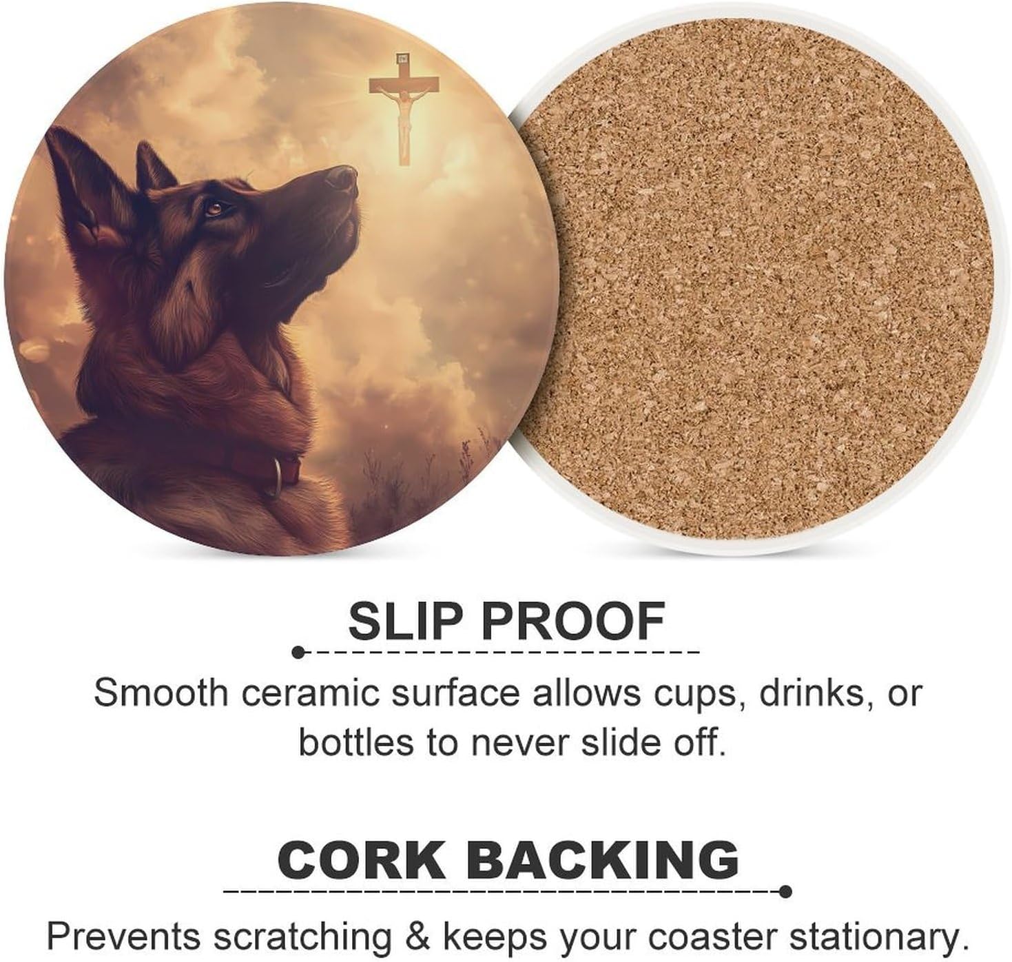 German Shepherd Christianity Coasters for Drink Round Ceramic Coaster with Cork Base Home Decorative 6PCS