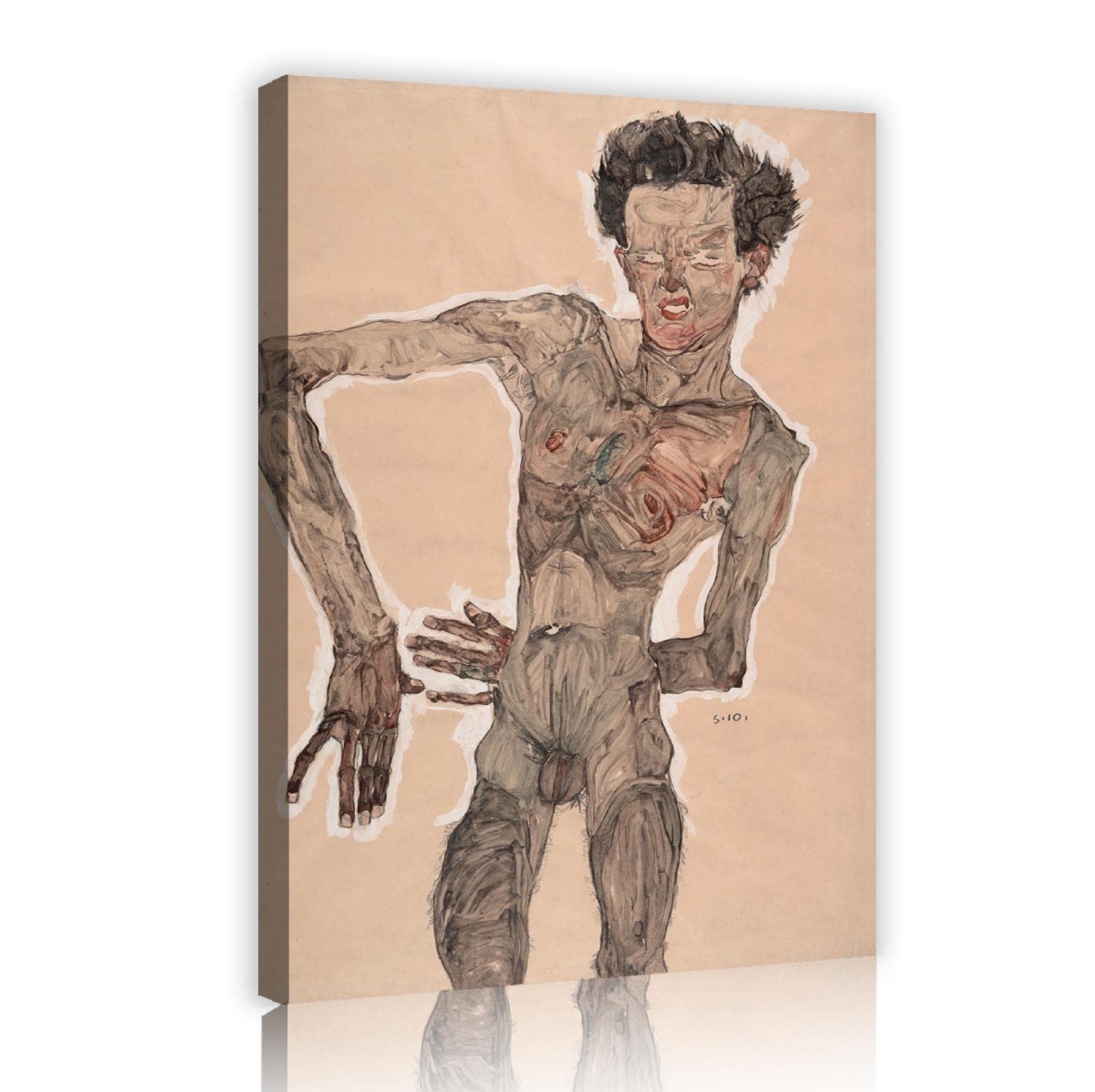 Tableau Toile Autoportrait D'Egon Schiele - Cadre Prêt à Accrocher - Style Expressionniste