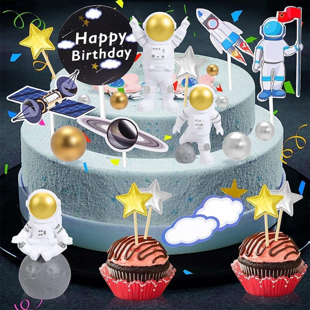 Kosmiczny zestaw topperów do ciast, astronauta, babeczek, dekoracje, na tort, figurka astronauty na przyjęcie urodzinowe, baby shower, 22 szt