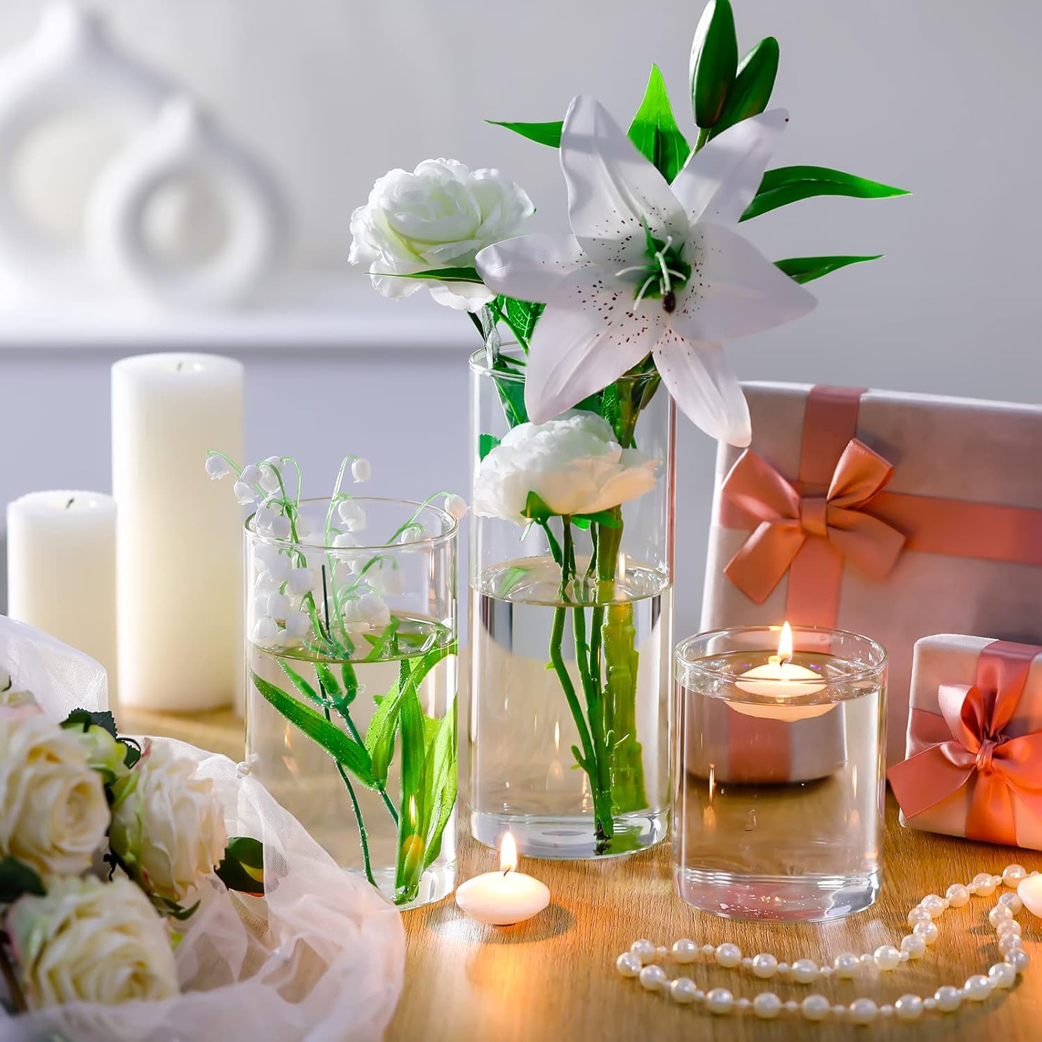 Jinei 12 Pack Glass Cylinder Vases Floating Candle and Clear Flower Vase Set Floating Candle Holders Centerpiece Vases for Table Home Wedding Decoration(White Candle, 3.3 x 4'', 3.3 x 6'', 3.3 x 8'')