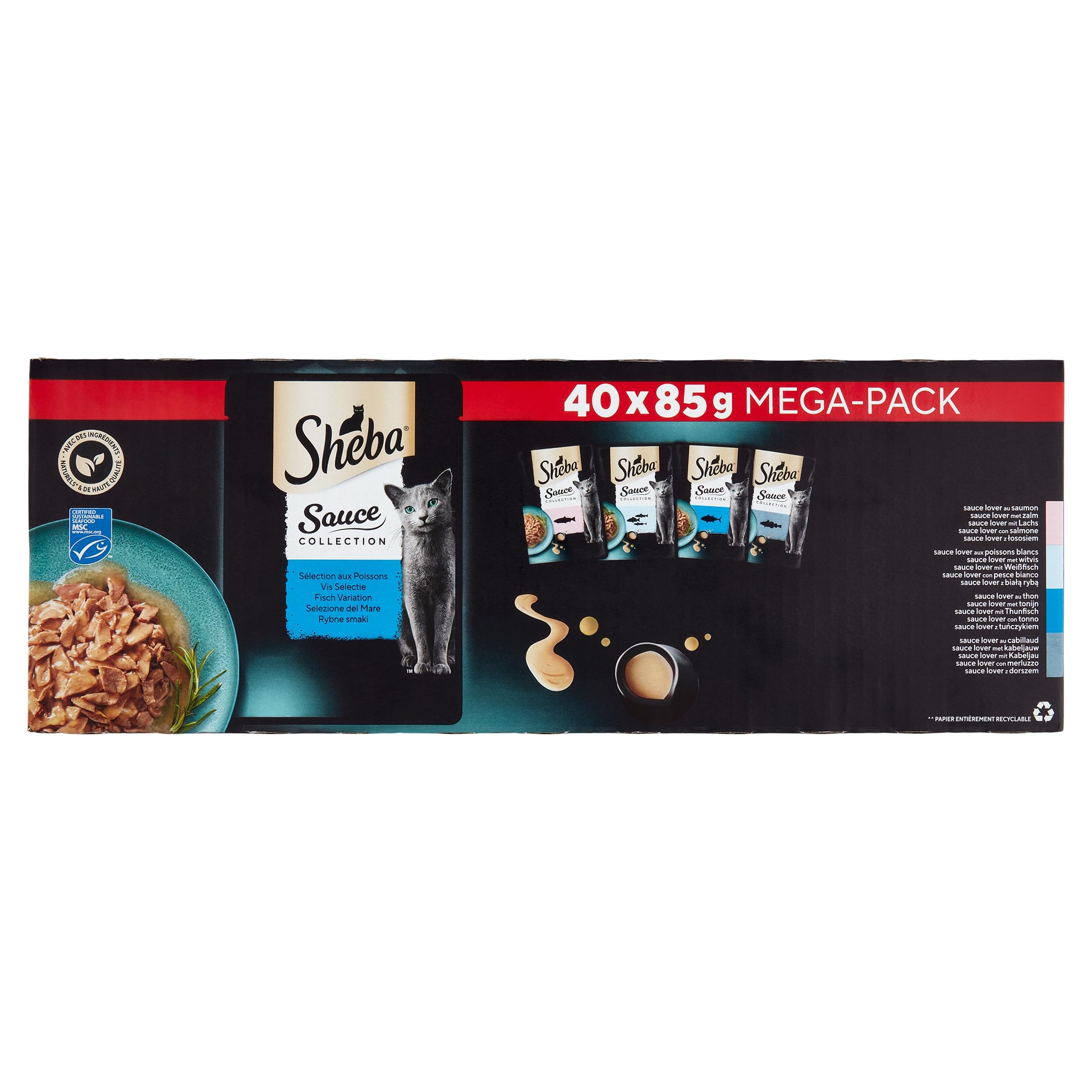 Sheba Sauce Collection Frischhaltebeutel, Nassfutter, Fischauswahl für ausgewachsene Katzen, 4 Sorten, 40 x 85 g