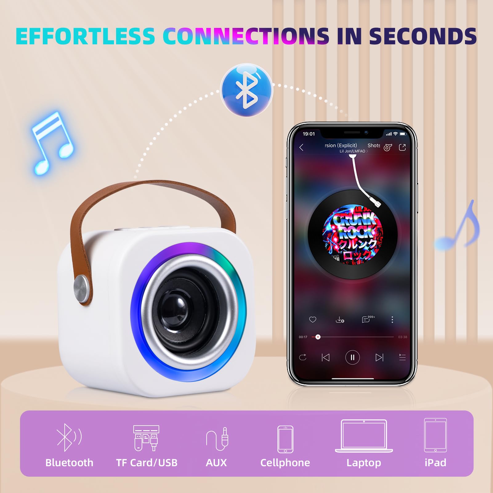 Mini máquina de karaoke para niños con 2 micrófonos inalámbricos, efectos divertidos de cambiador de voz, altavoz Bluetooth portátil con luces LED, soporte AUX/USB/TF, regalos de cumpleaños para niñas