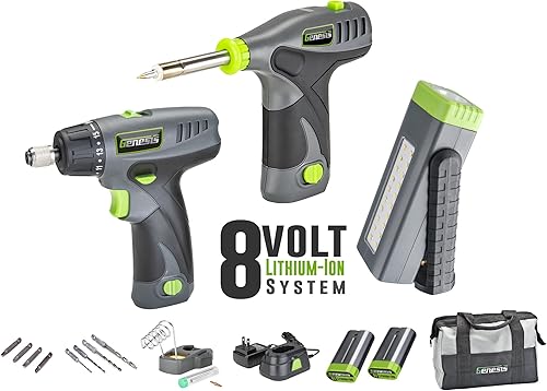 Genesis GL0831CK2 - Kit de herramientas inalámbricas de iones de litio de 8 voltios con destornillador soldador y luz LED de bolsillo