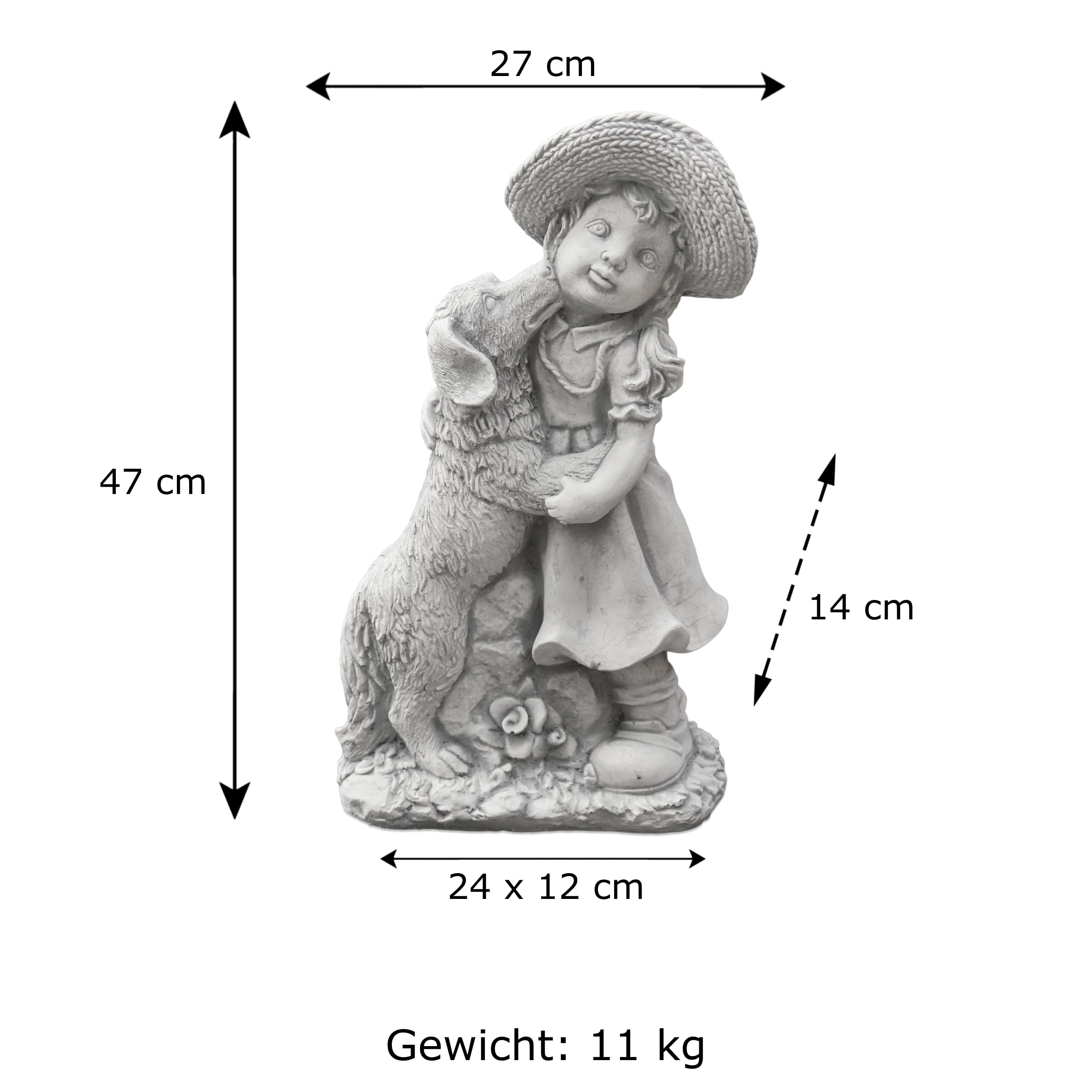 gartendekoparadies.de Mädchen mit Hund, Steinfigur H. 47 cm, 13 kg, Grau, frostsicher aus Steinguss für Außenbereich