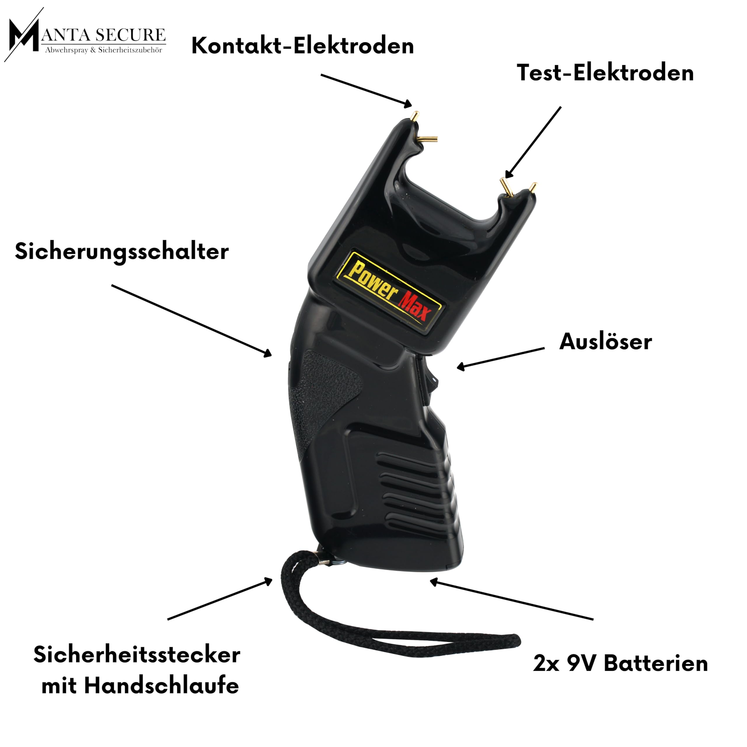 Elektroschocker Power Max 500.000 V Stun Gun zugelassen in Deutschland mit 2X 9 V Batterien + Protect Pfefferspray 40ml Direktstrahl