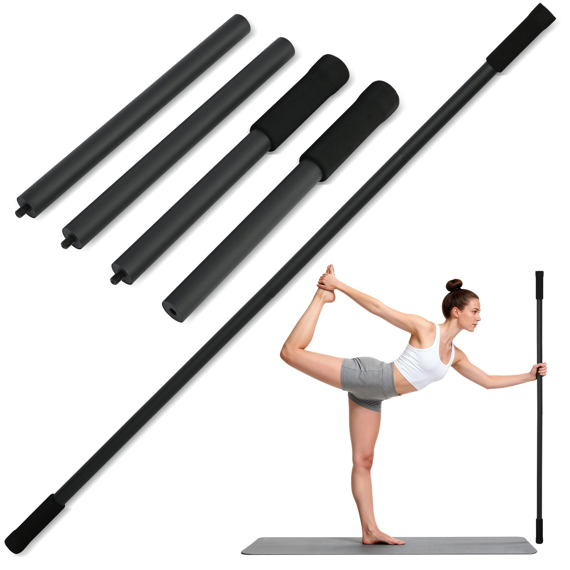 ohbien Tragbarer Yoga-Stick, Rückenstrecker verstellbar für 76-152cm, Mobilitätsstick mit 4 Stahlstangen Und 2 Schaumstoffgriffen für Yoga Fitness Physiotherapie Haltungskorrektur
