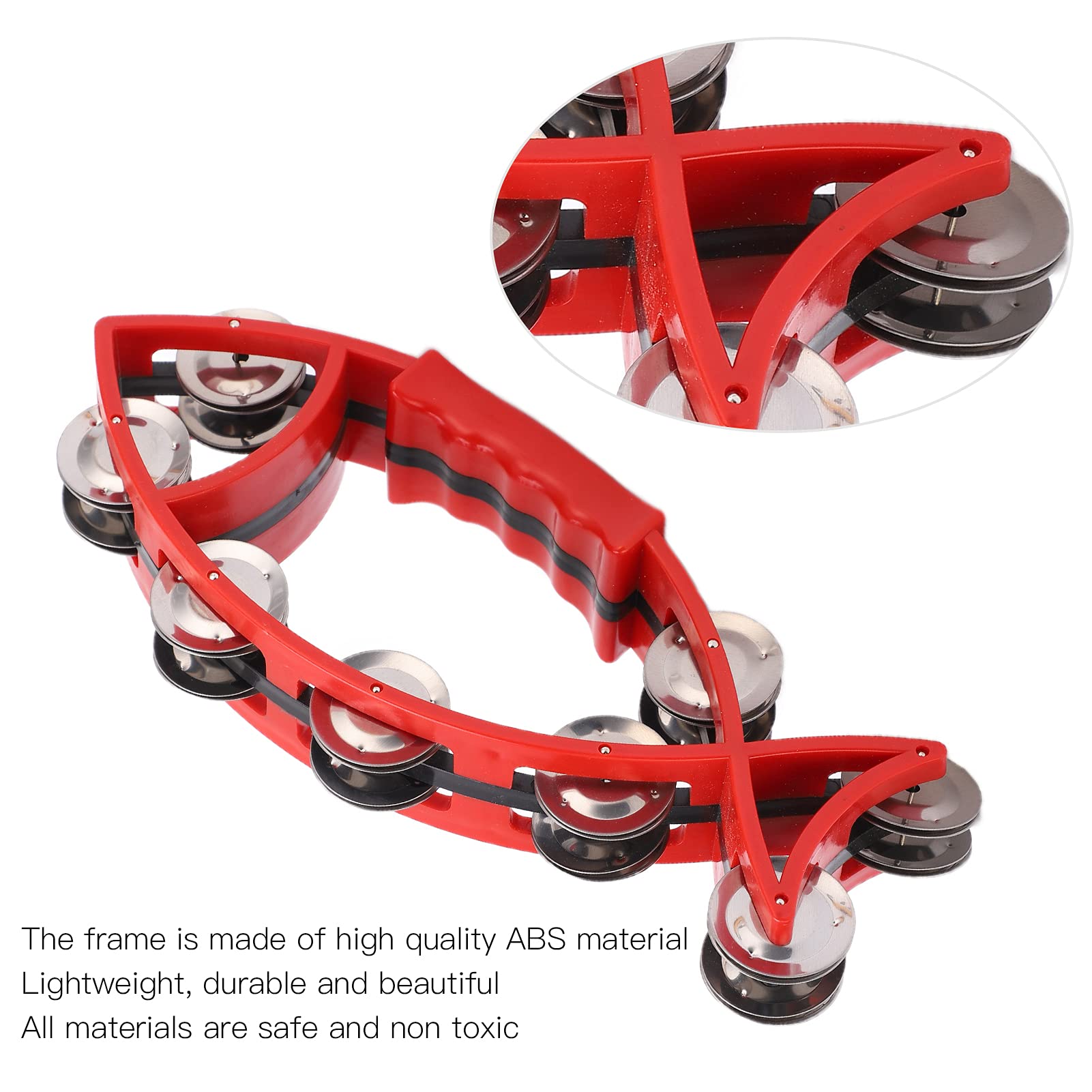 Fish Shaped Hand Bell Hand Tambourine Bells Hand Shaking Percussion Musical Rhythm Instruments Smooth Fish Shaped Double Row Tambourines(Red)