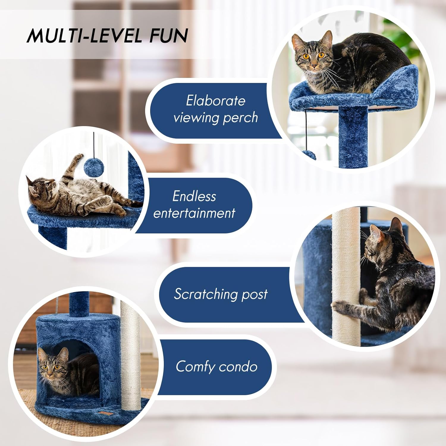 ClevaHome Small Deep Denim Blue Cat Tree for Small Spaces, Kittens, 33.5" Multi-Level Condo with Sisal Scratching Post, Plush Perches & Interactive Pompom Toy for Indoor Cats