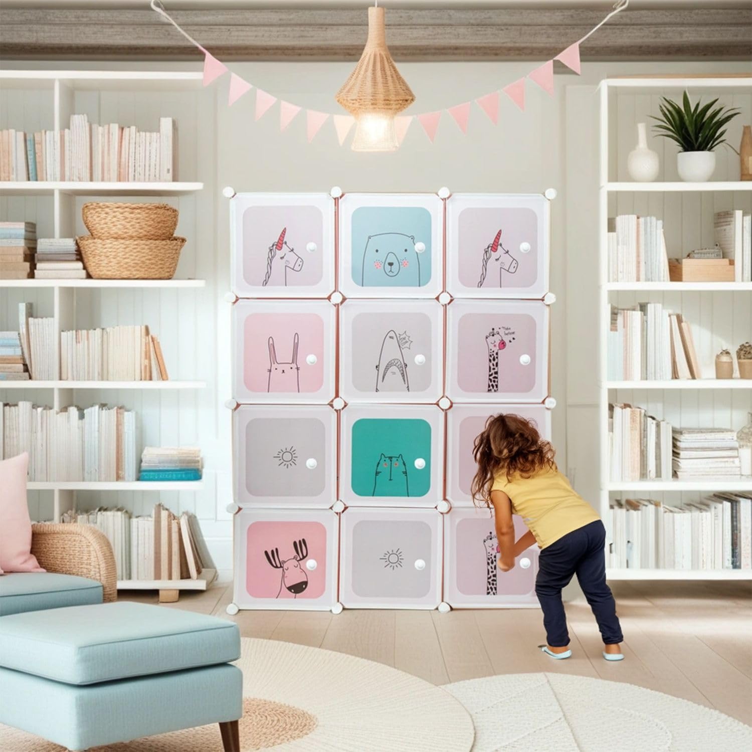INTIRILIFE Kleiderschrank DIY Steckregal mit 12 Türen für Kinder in Pink - Aufbewahrungsschrank Regal Würfel mit 2 Kleiderstangen individuell aufbaubar