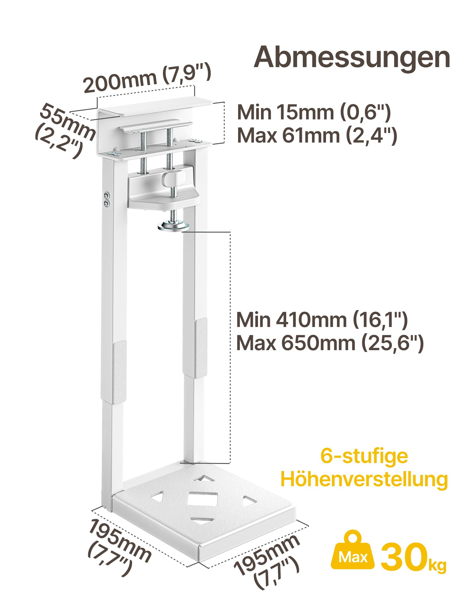 monTEK Supporto per PC da 30 kg, resistente sotto scrivania, montato senza forature, supporto da scrivania regolabile con cuscinetti protettivi, altezza 41 cm - 65 cm, ideale per ufficio, casa, aula