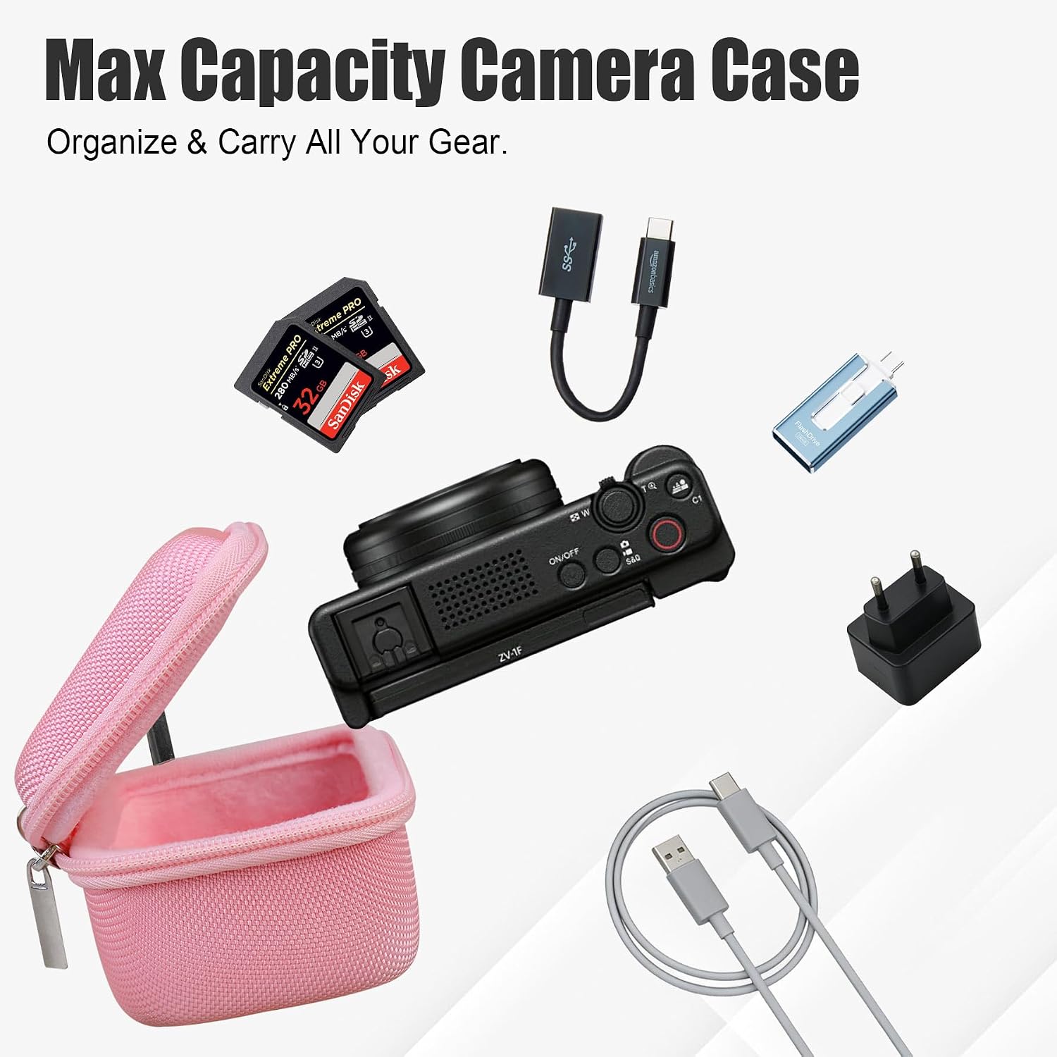 BOVKE Protective Case for Sony ZV-1F / ZV-1 / ZV-1 II Vlog Camera for Content Creators and Vloggers, Sony ZV1 Digital Camera Hard Carrying Bag with Mesh Pocket for Cales, Battery, SD Cards, Pink image 3