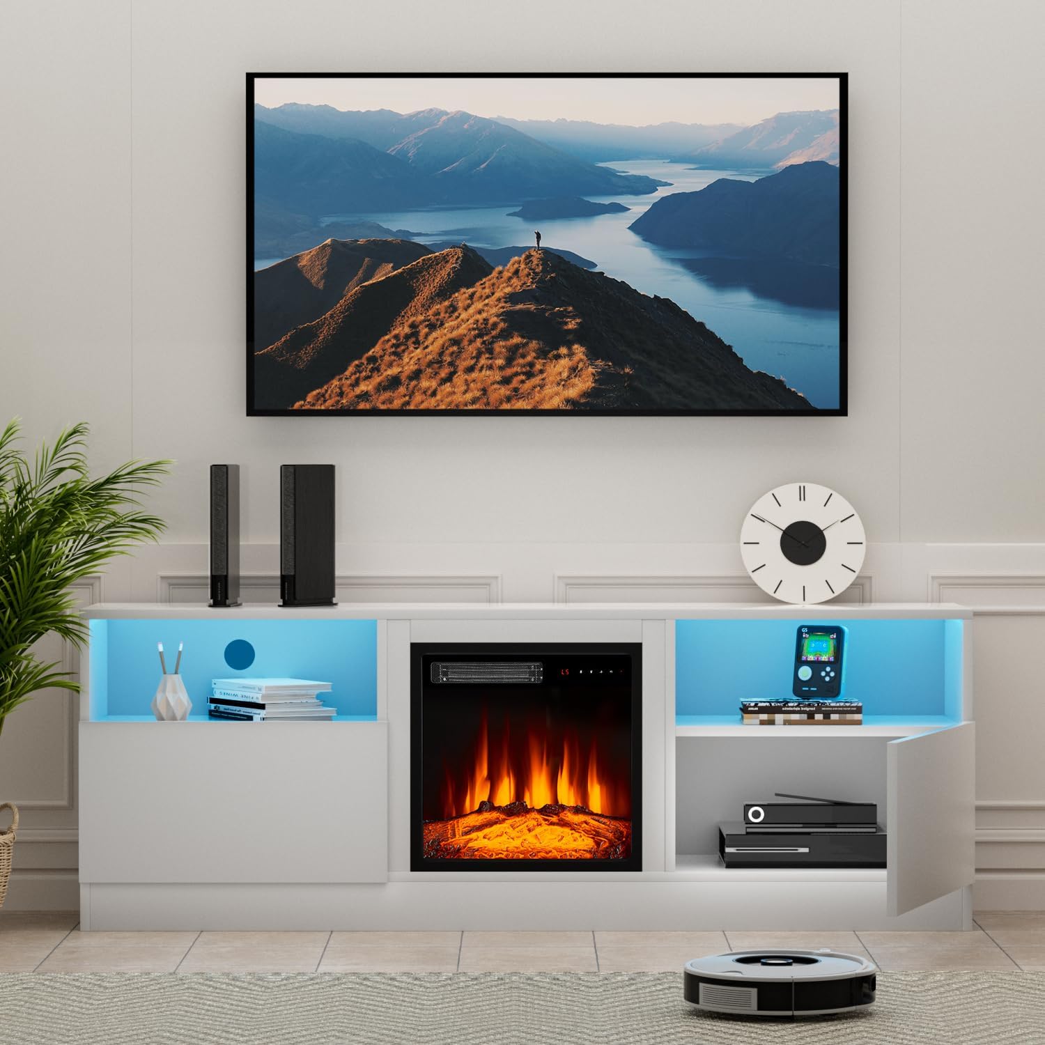 oneinmil Fireplace TV Stand for 75'' TV for Living Room, 65 Inch Modern TV Cabinet with 18 Inch Electric Fireplace, Wood Texture Storage Cabinet, Media Entertainment Center,White 65'' White