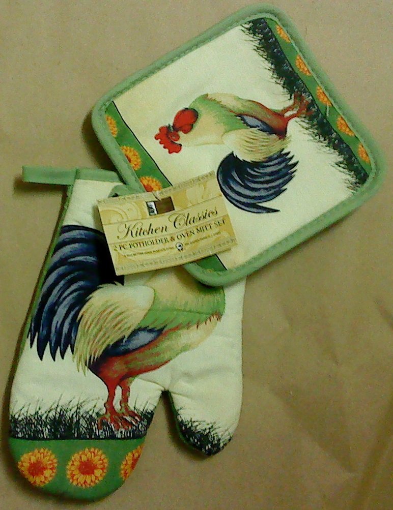 2-pc Kitchen Set Pot Holder Oven Mitt Rooster and Sunflower (Green)