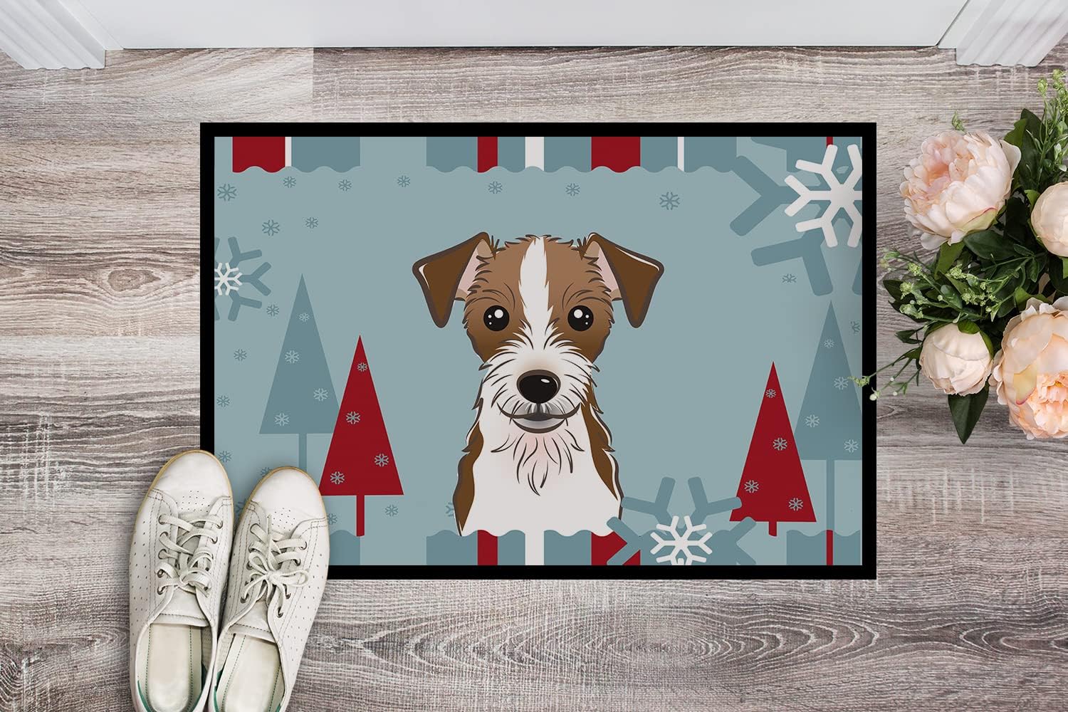 Caroline's Treasures BB1698JMAT Winter Holiday Jack Russell Terrier Doormat 24x36 Front Door Mat Indoor Outdoor Rugs for Entryway, Non Slip Washable Low Pile, 24H X 36W