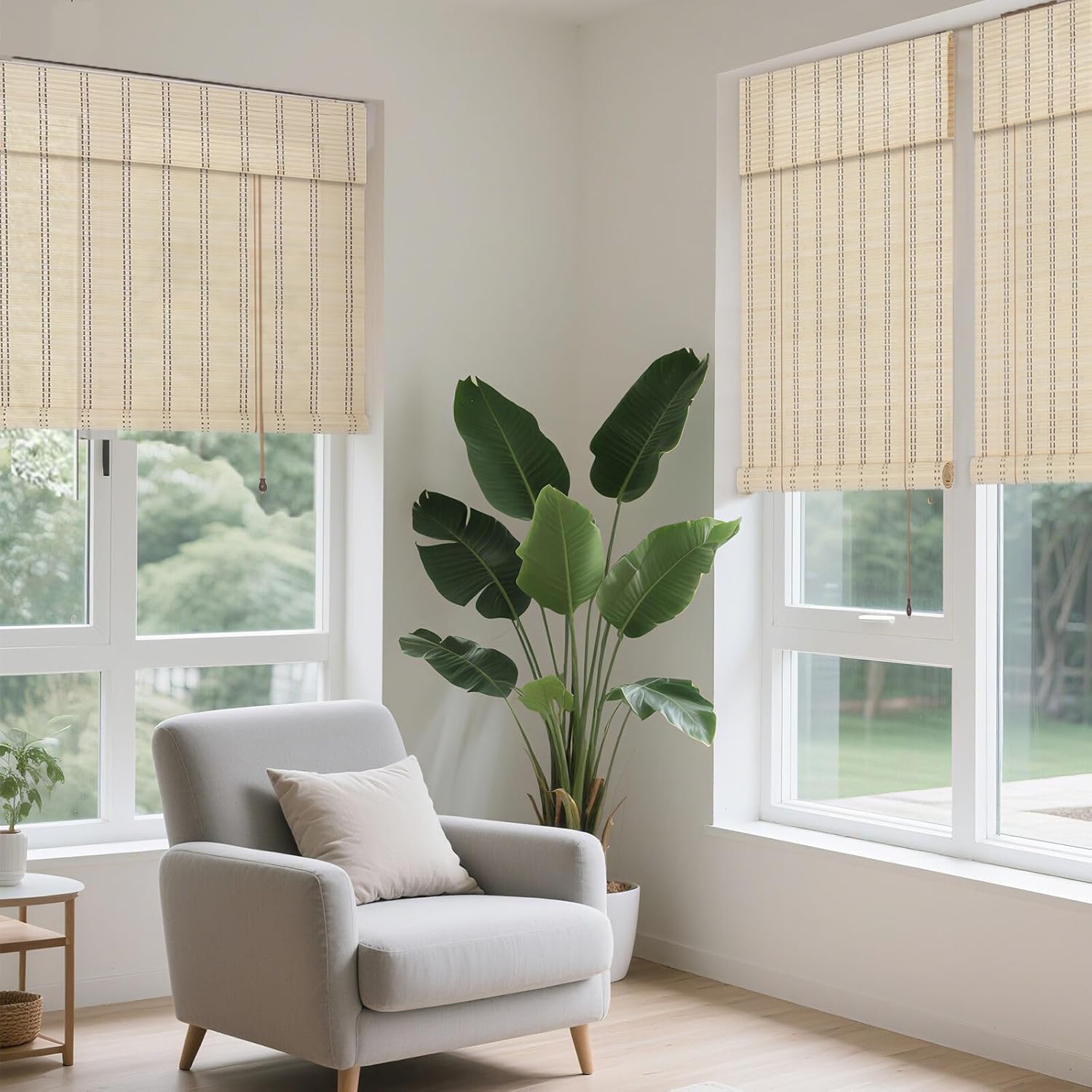 FoundGo 35"W x 64"H Roman Blinds Sun Shade, Retro Light Filtering Bamboo Roller Curtains for Windows, Doors - Light