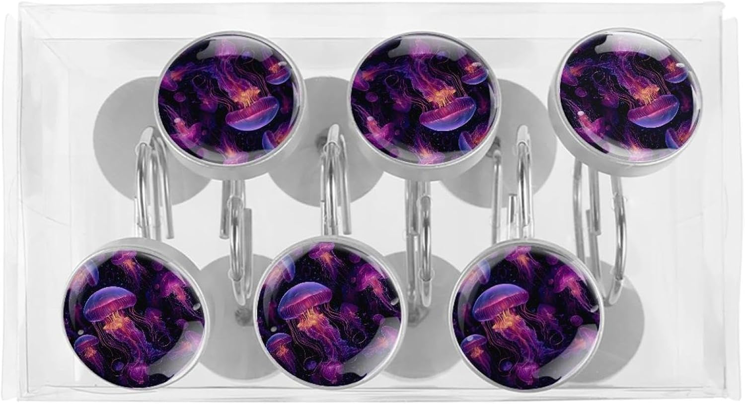 Purple Jellyfish Swimming Round Crystal Glass Decorative Shower Curtain Hooks with 3D Pattern Visual, Rust Proof Shower Curtain Rings-12 Pack