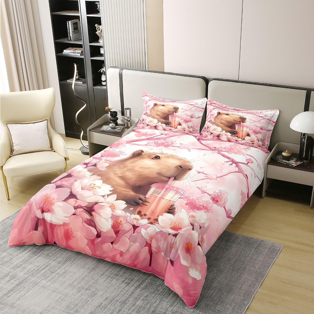 Homewish Japanische Stil Capybara Baumwoll Bettwäsche Romantisch Kirschblüten Dame Mädchen Deckenbezug 135x200 Capybara Trinkt Bubble Tea Bettbezug Entspanntes Kapibara Tierliebhaber Bettset 2 Teilig