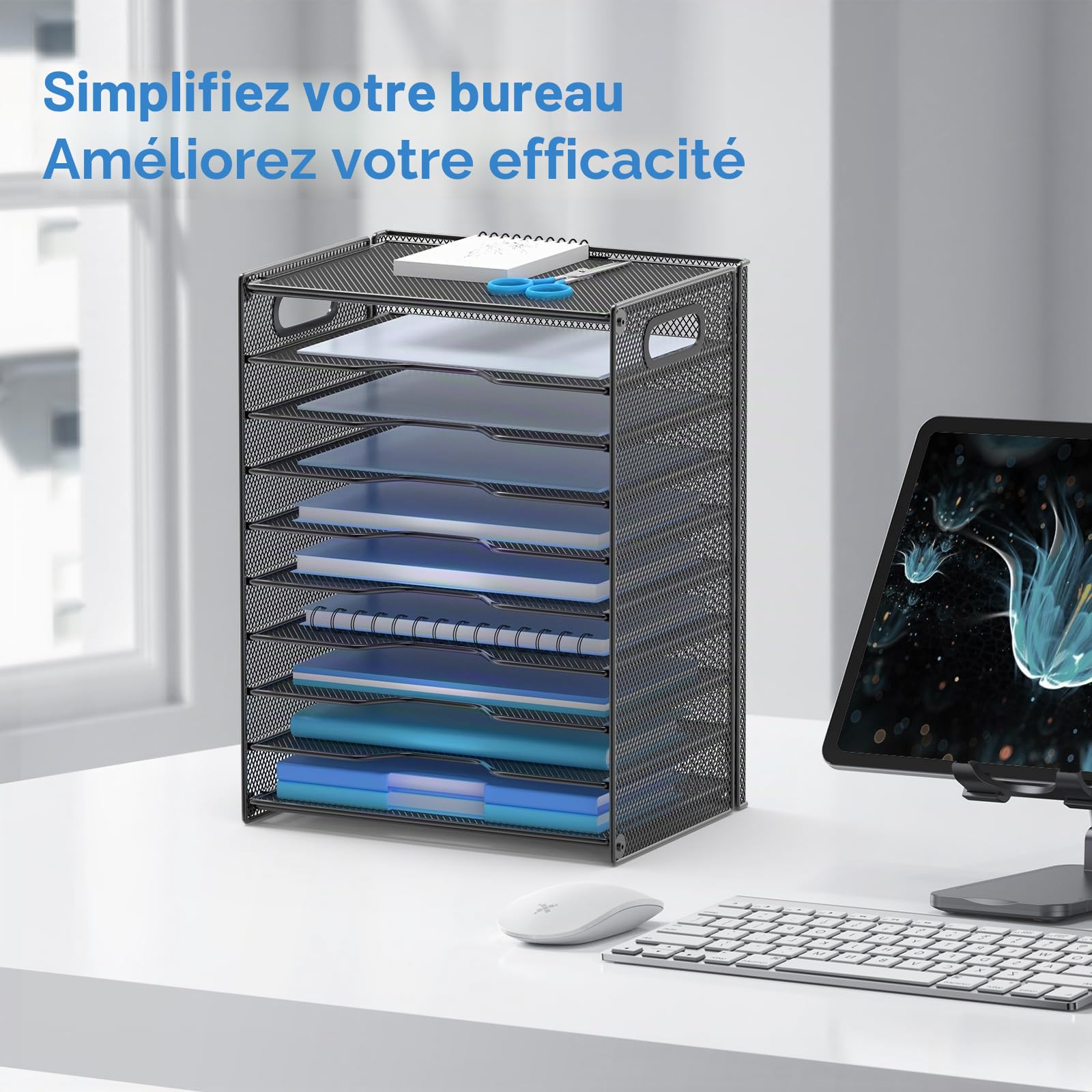 OUTWOLF Organiseur de Papier à 10 Niveaux – Bac à courrier en Maille avec poignées pour Bureau, école, Bureau