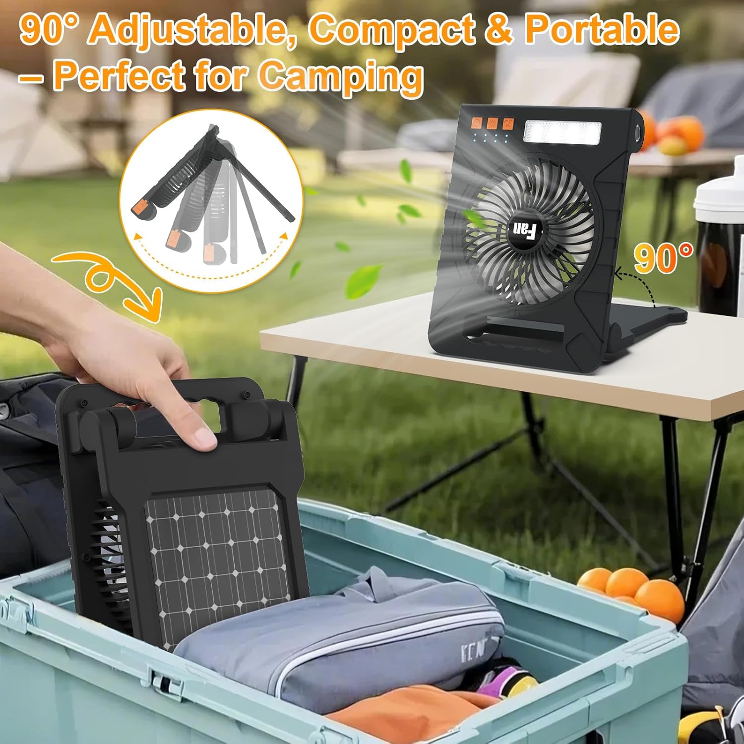 HuiNiu Solar Powered Camping Fan – Rechargeable Fan with LED Lantern, USB-C Charging, 4 Timer Settings and 4-Speed Battery Operated Tent Fans for Camping, Outdoor, Travel, and Emergency