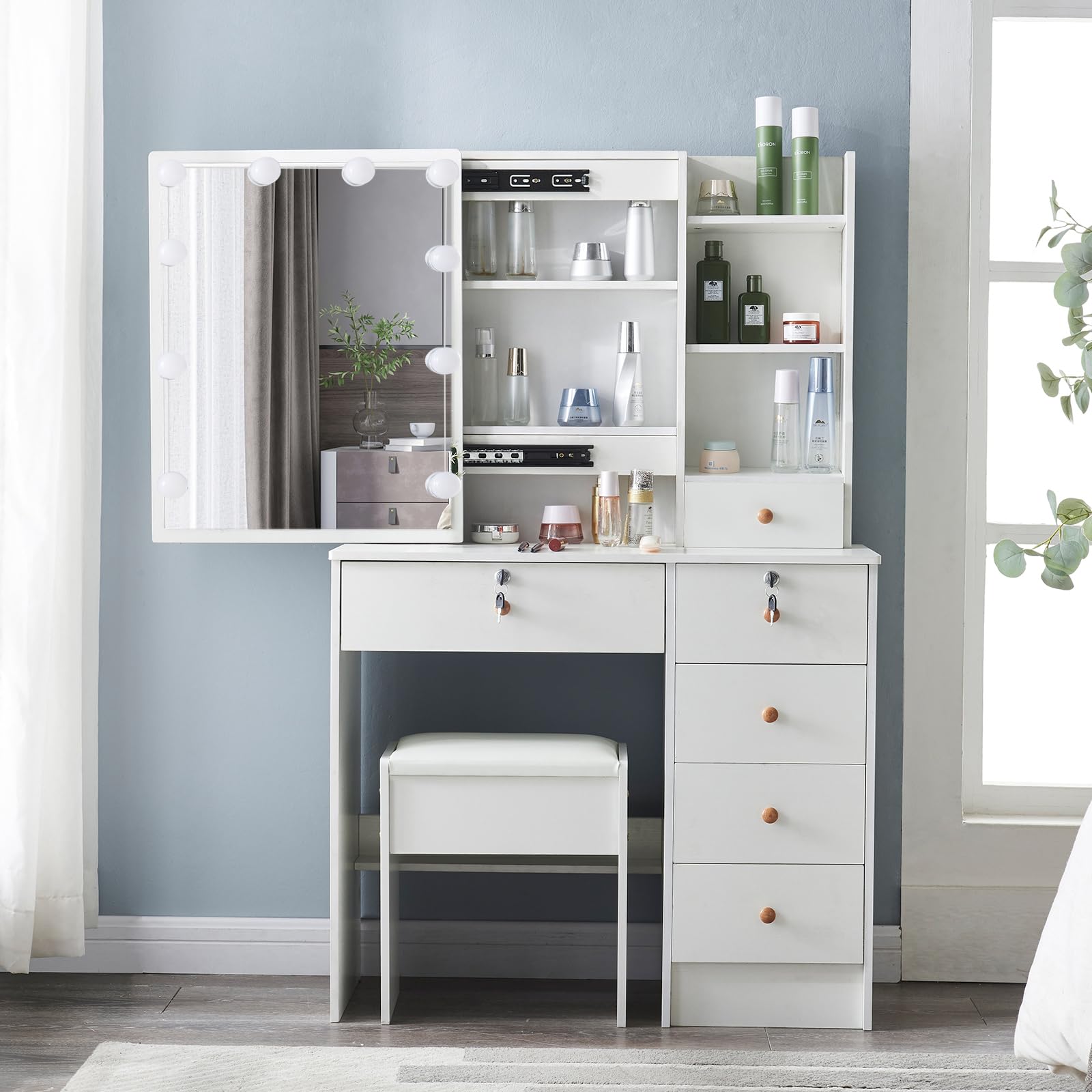 Makeup Vanity with Lights & 3 Color Lighting Modes, Vanity Desk Set with Mirror and LED Lights, Dressing Table with Stool and 5 Drawers for Girls Room, White