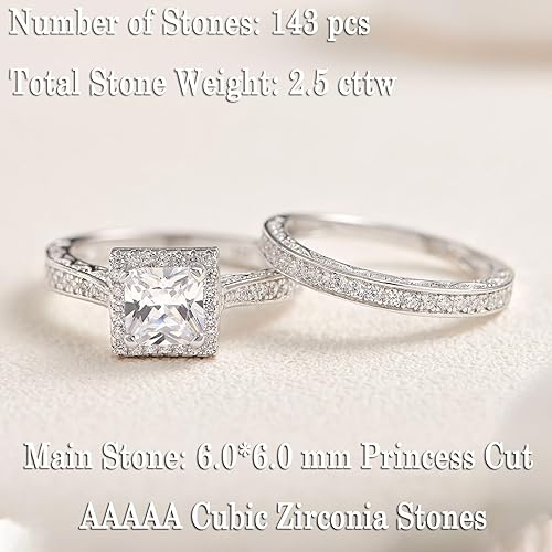 Miniatura 5 de Newshe Jewellery Anillos de Compromiso de Circonia Cúbica, Juego de Anillos de Boda para Mujer, Plata de Ley 925, Corte Princesa Blanca, Conjuntos
