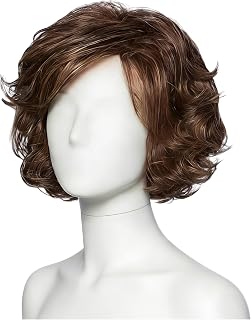 Short Curly Fluffy Wig for Women, Brown Synthetic Wig with Oblique Bangs, High Temperature Fiber, 9.8 in