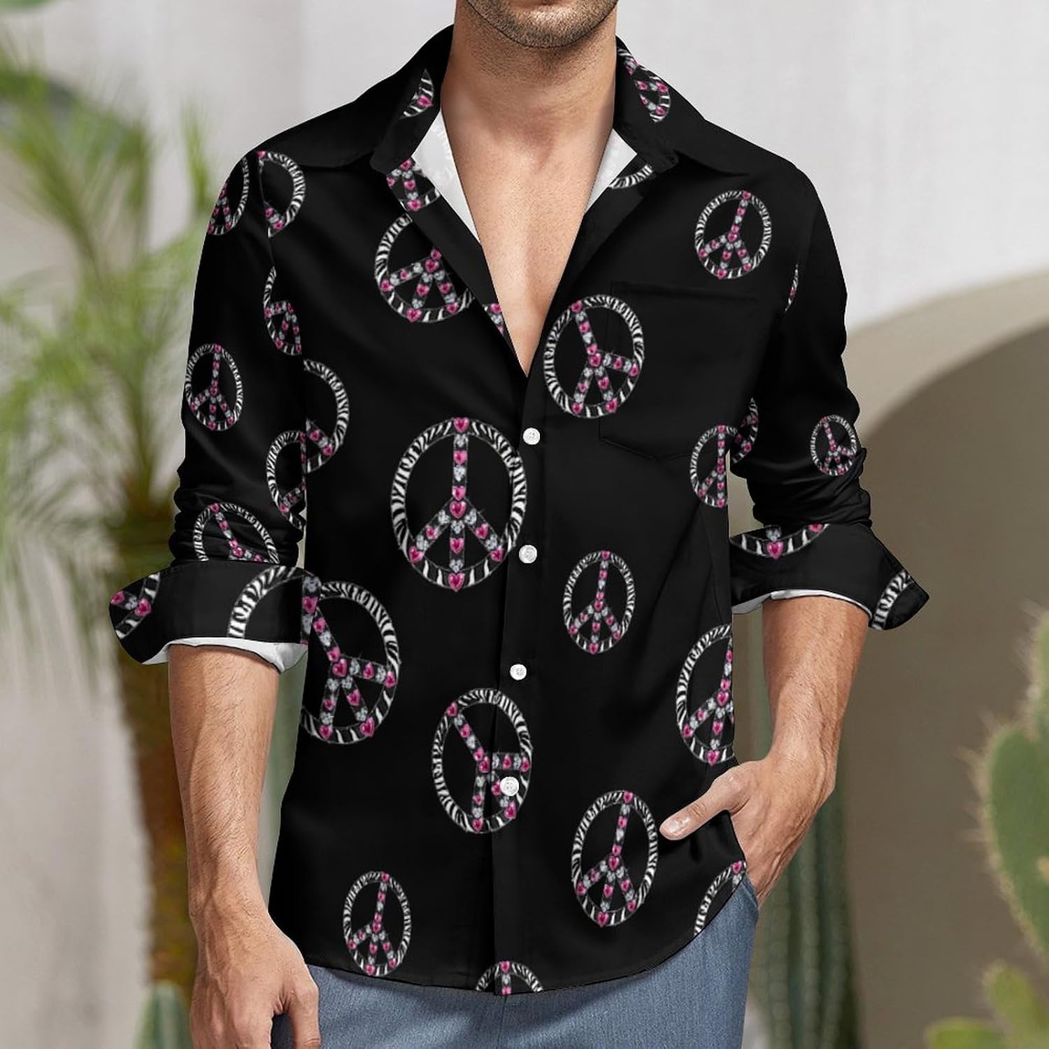 Zebra Peace Sign Diamond Novelty Men's Long Sleeve Shirts Casual Button Down Shirt Pullover Tops
