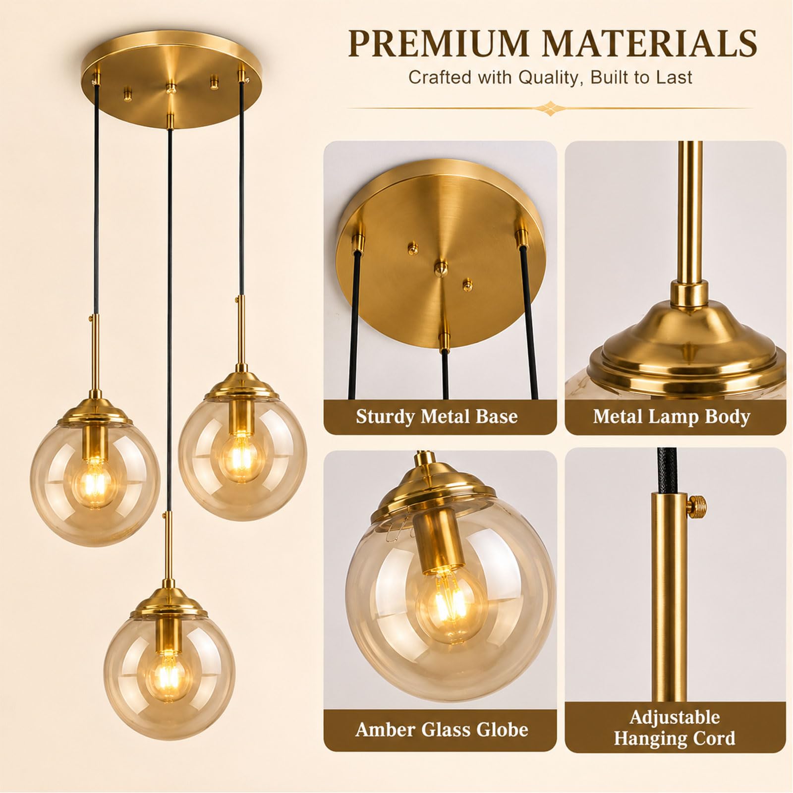Lampadario moderno a forma di globo con 3 luci, altezza regolabile, lampadario a sfera, lampadario industriale per isola cucina, sala da pranzo (profondità: 15 cm x altezza: 25 cm)