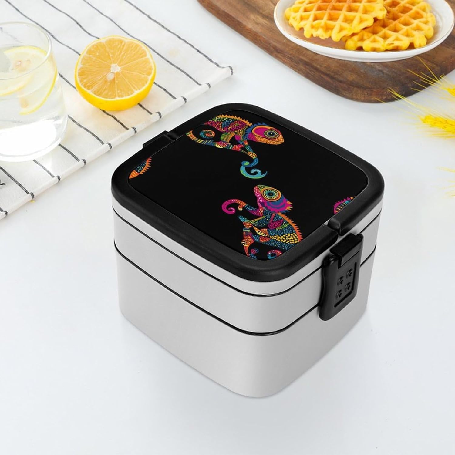 Chameleon Bento Box with Spoon 2 Layer Food Container Cute Lunch Box for Travel Dining Work