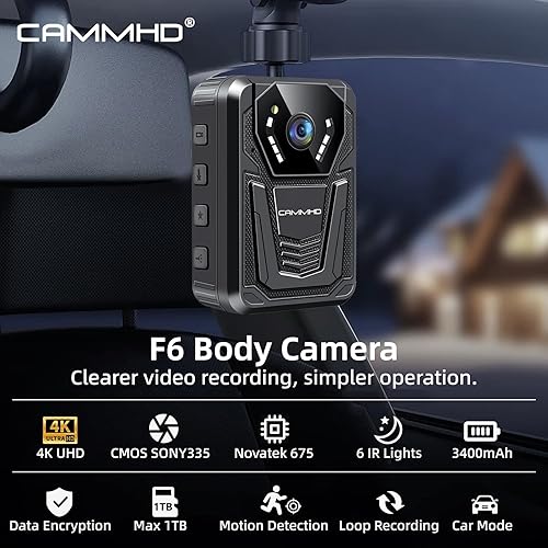 Miniatura 7 de CAMMHD Cámara Corporal F6 de 512GB 4K, Funciona 12-14 Horas y Visión Nocturna Ultra, Cámaras Corporales Impermeables con Grabación de Audio y Video