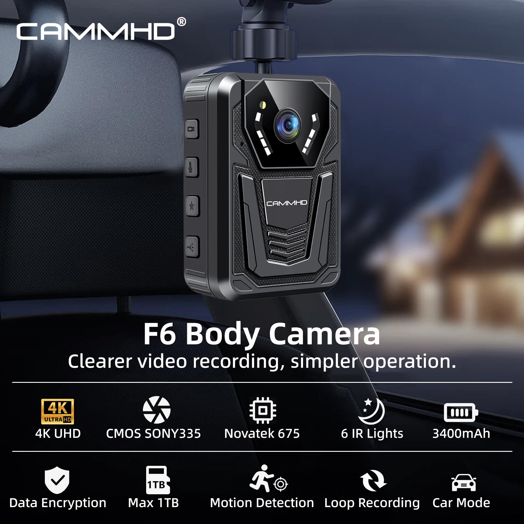 CAMMHD F6-32GB 4K-Körperkamera, arbeitet 12–14 Stunden und hat Ultra-Nachtsicht, wasserdichte Body Cam mit Audio- und Videoaufzeichnung, H.265-Videocode Polizei Bodycam für die Strafverfolgung