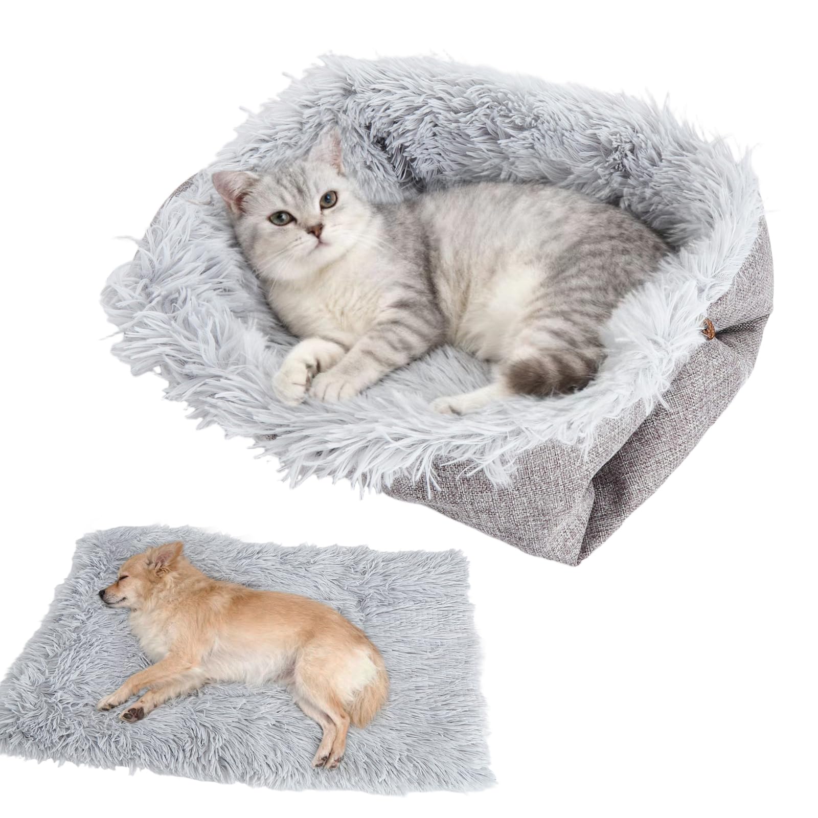 Cama para Gatos 2 en 1 Lavable con Botones – Manta para Gato Dormir y Cama Gatos Invierno Suave, Cama's para Gato Invierno y Cojín Plegable de Felpa, 61×51 cm Gris