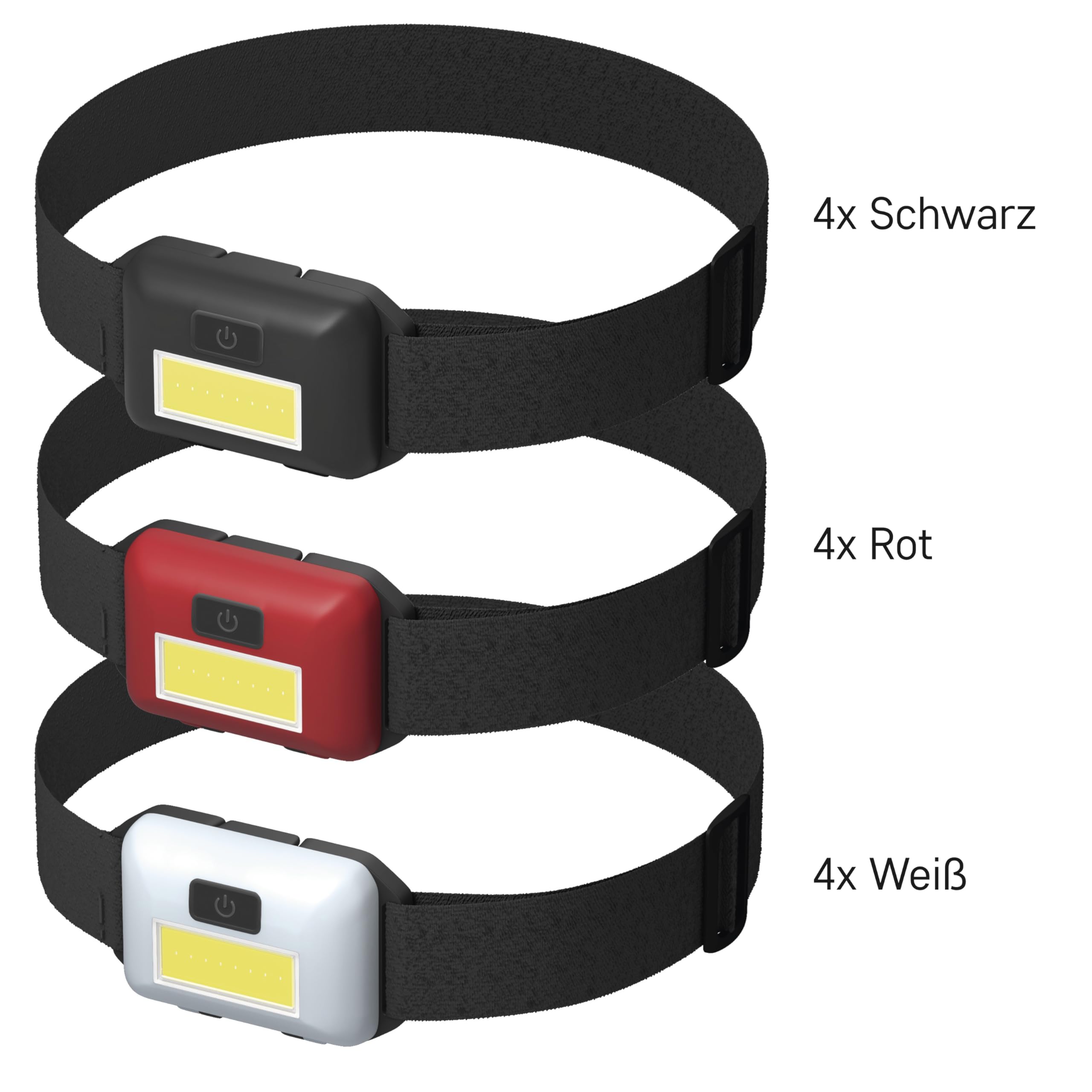 EMOS Mini LED-Stirnlampe 12 Stück Familien-Multipack, ideal für Kinder, 40 St. Leuchtdauer, COB LED Kopflampe mit Helligkeit 110lm, 15m Leuchtweite und 3 Lichtmodi, batteriebetrieben