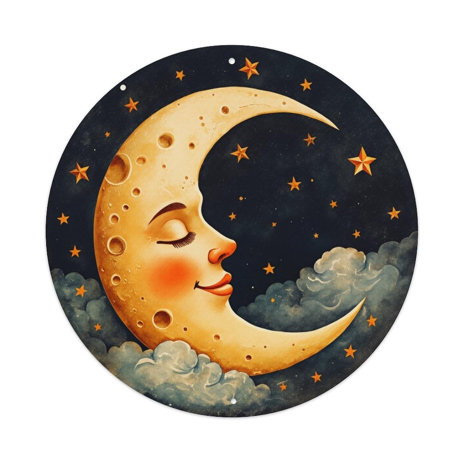 Moon Face Stars Clouds Night Round Tin Sign Vintage Metal Poster, Home Bar Garage Man Cave Cafe Indoor & Outdoor Wall Decoration 8x8Inches