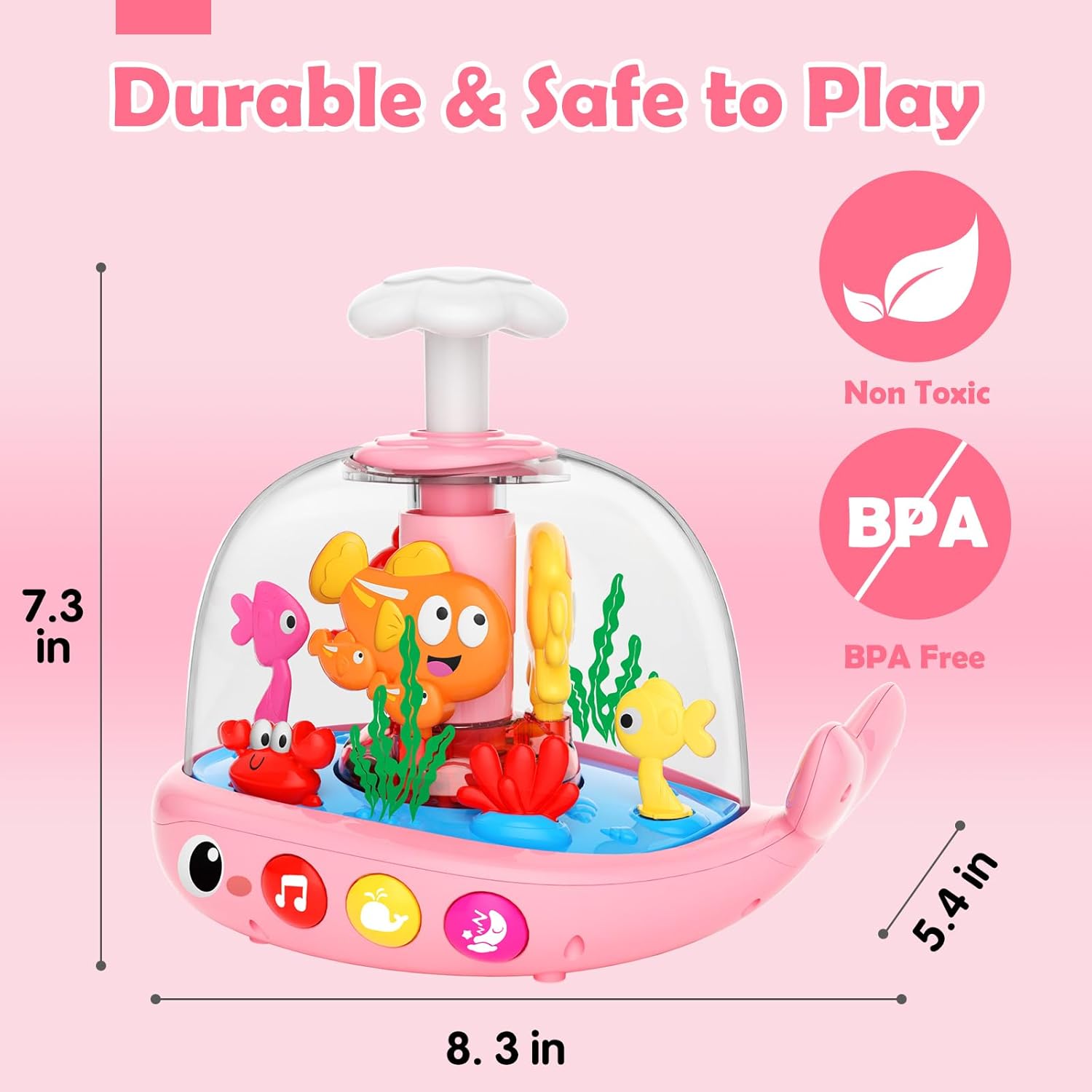 DUPHLAGT Baby Girl Toys 6-12 Months - Press & Spin Aquarium Light Up Musical Toy for Infant Toy 9-12-18 Months - Bilingual Learning Toddler Toys for 1 2 3 Year Old Boy Girl (Pink) - Image 7