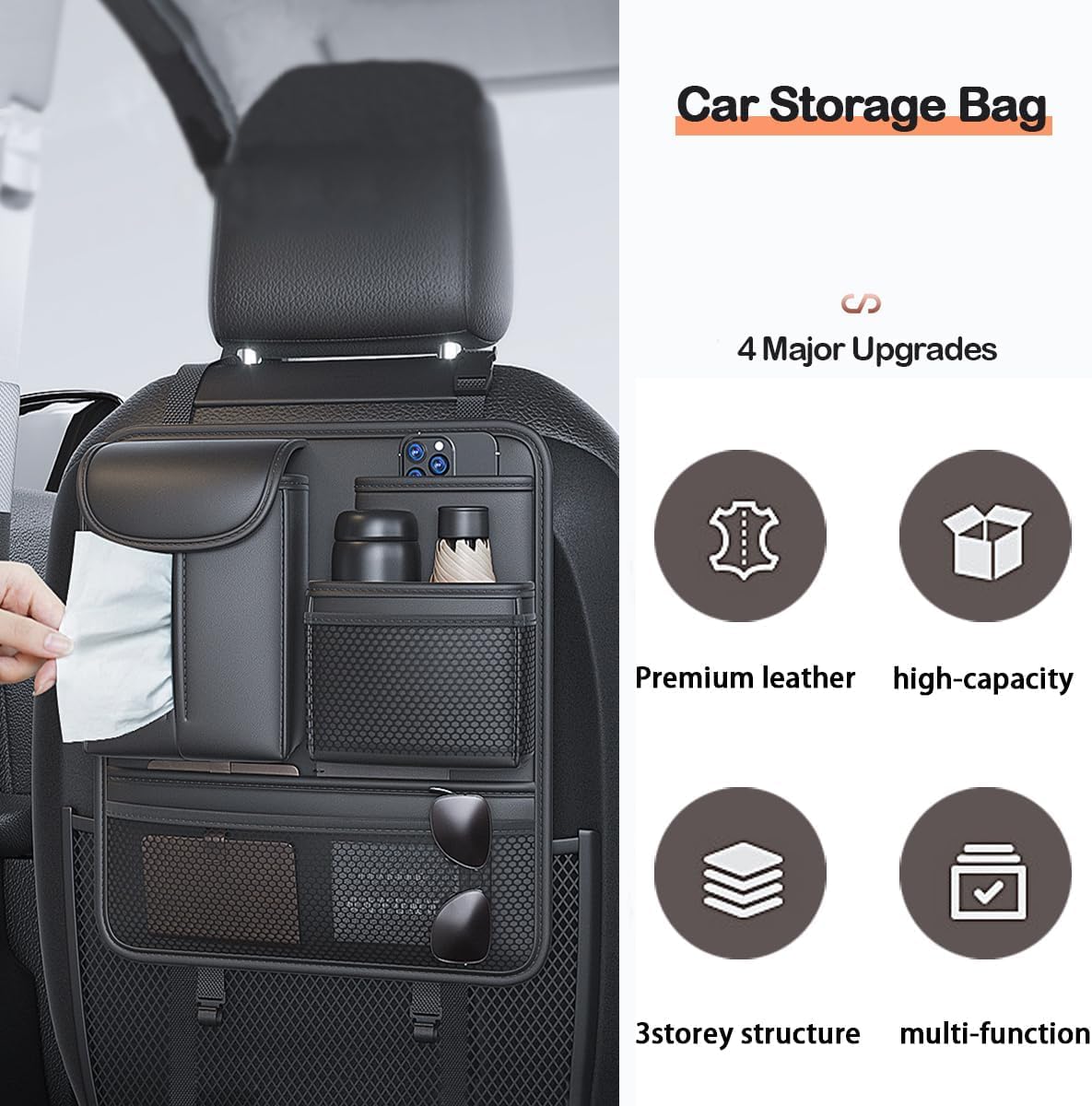 Organisateur de Voiture pour KIA EV3 2024-2025, Rangement de Siège Arrière en Cuir Imperméable Kick Mats avec Support Tablette Tactile